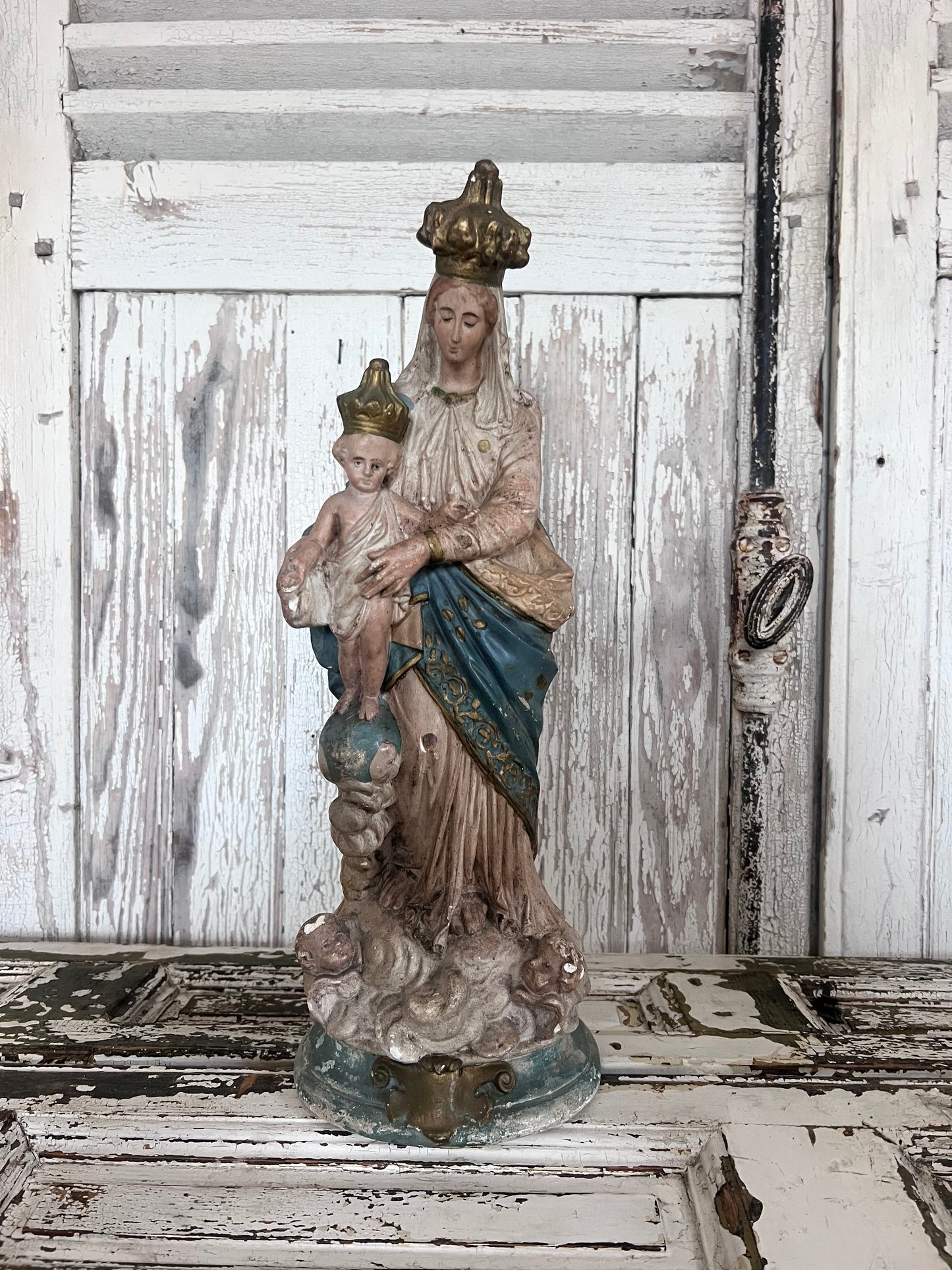 A wonderful faded Large French Madonna figure with baby Jesus and Cherubs