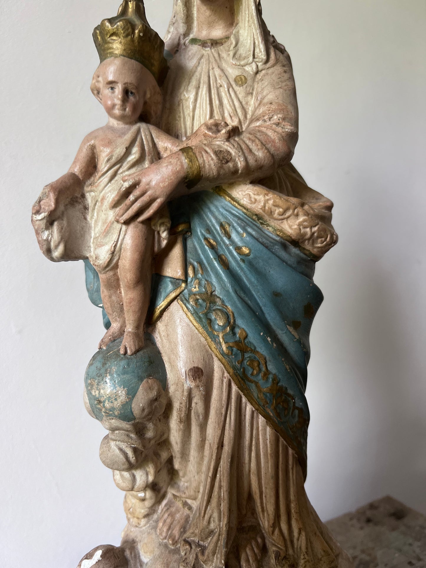 RESERVED A wonderful faded Large French Madonna figure with baby Jesus and Cherubs