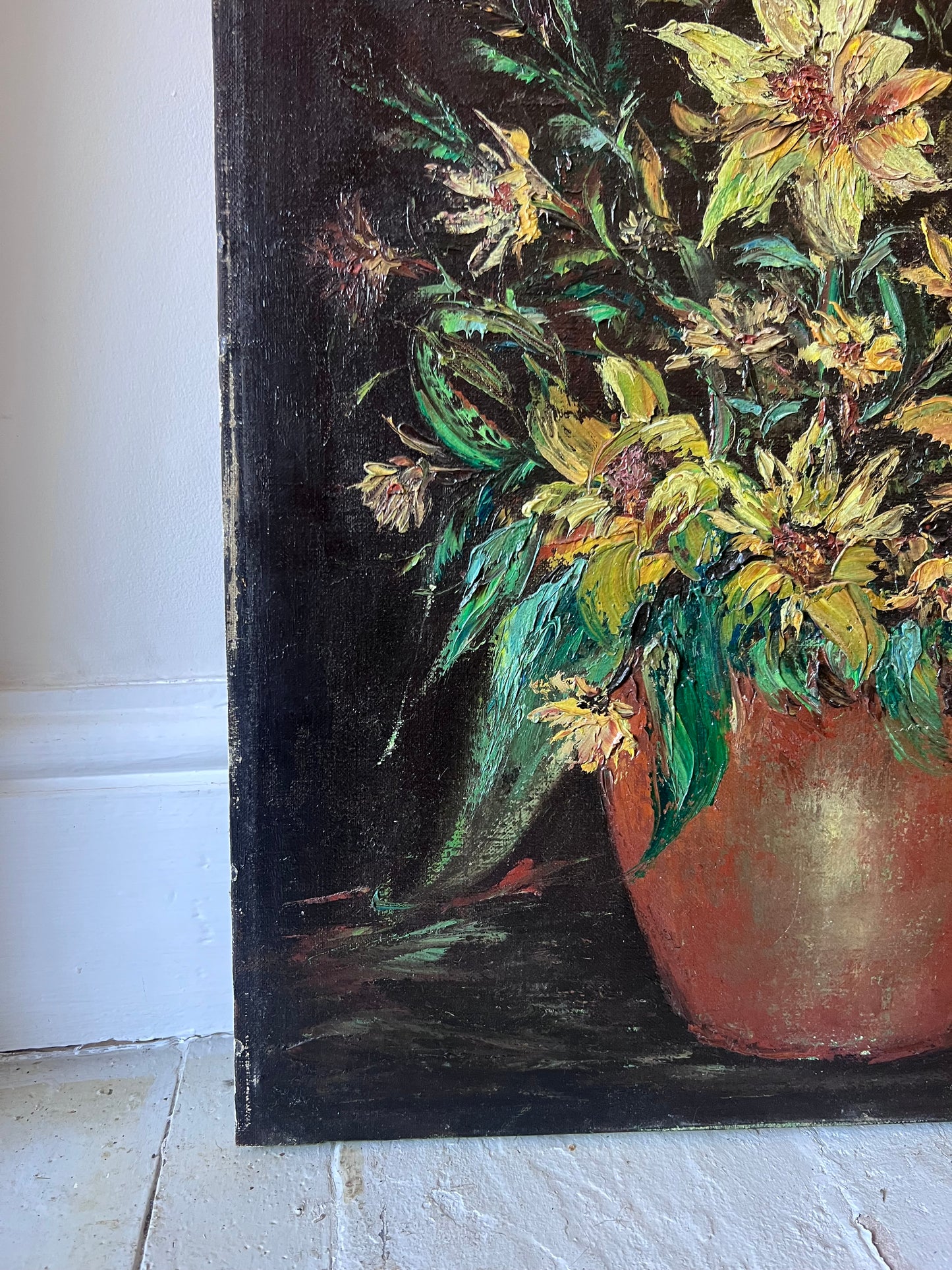 Yellow Flowers in Confit Pot Impasto Oil Painting