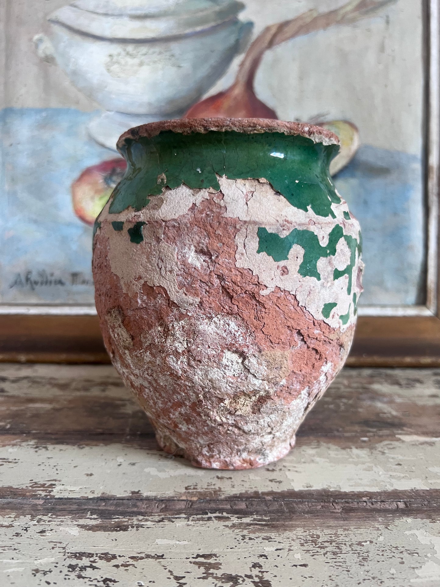Rustic French 19th Century Green small confit pot