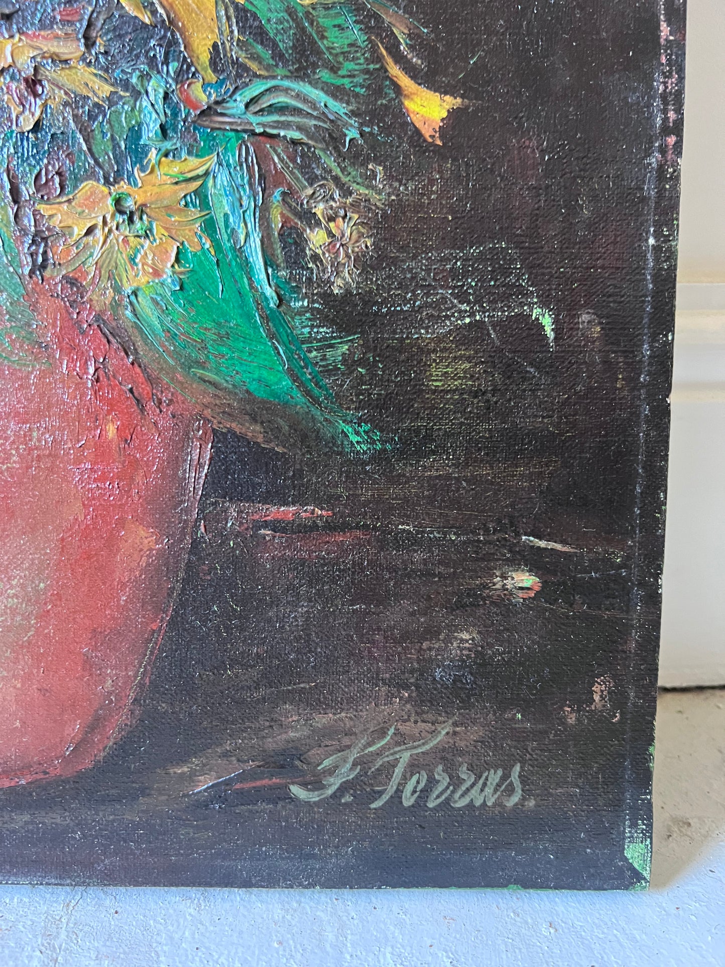 Yellow Flowers in Confit Pot Impasto Oil Painting