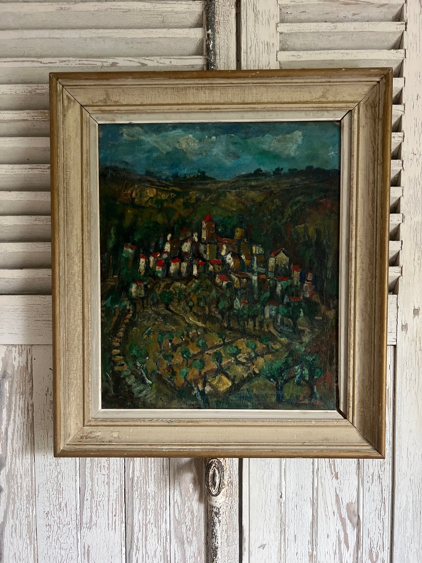 Large 1920’s Provence Framed Oil Painting of a village and vineyard