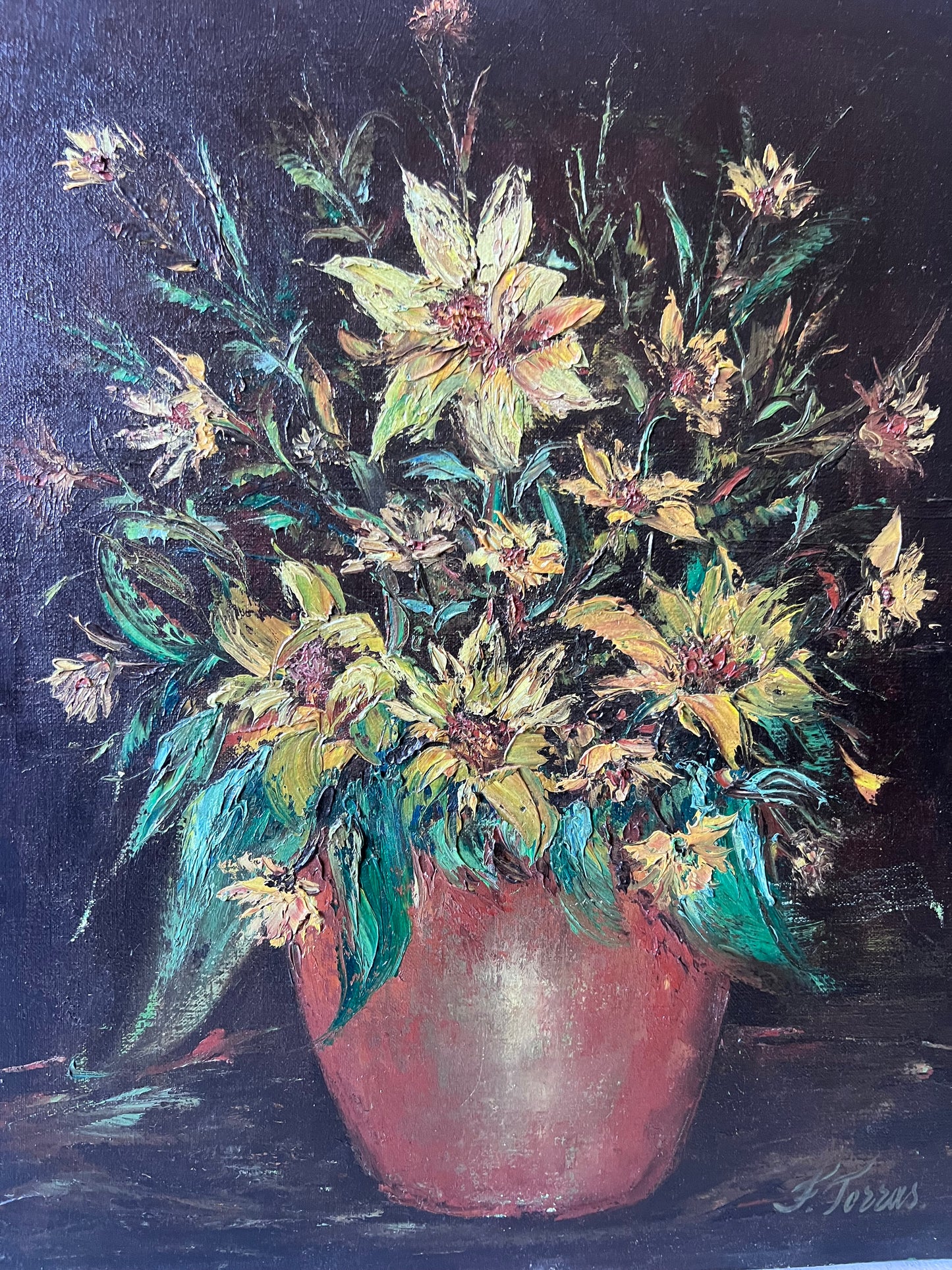 Yellow Flowers in Confit Pot Impasto Oil Painting