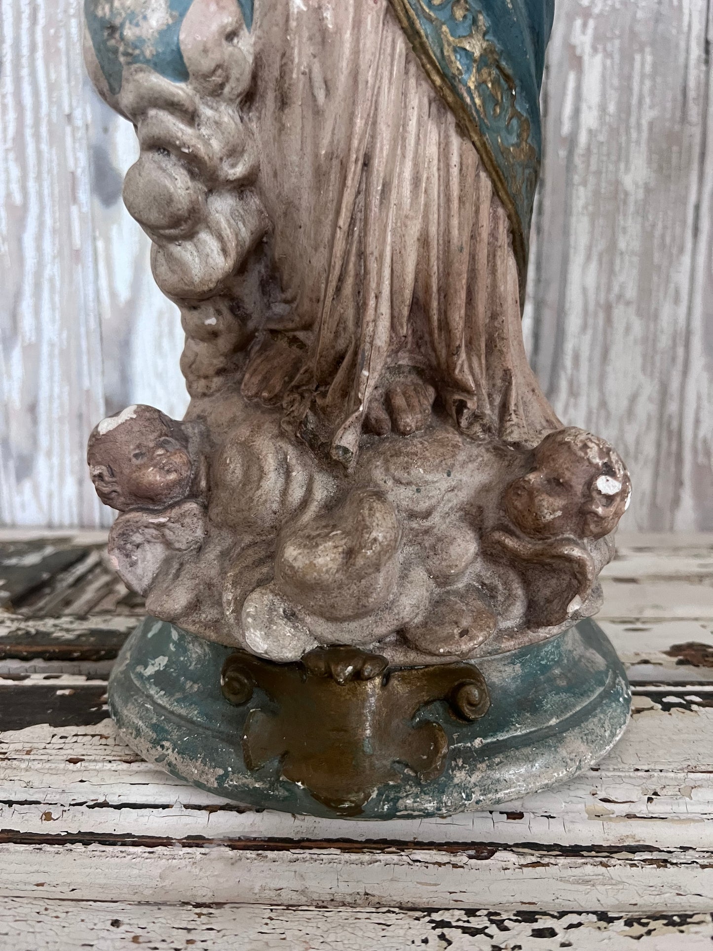 A wonderful faded Large French Madonna figure with baby Jesus and Cherubs