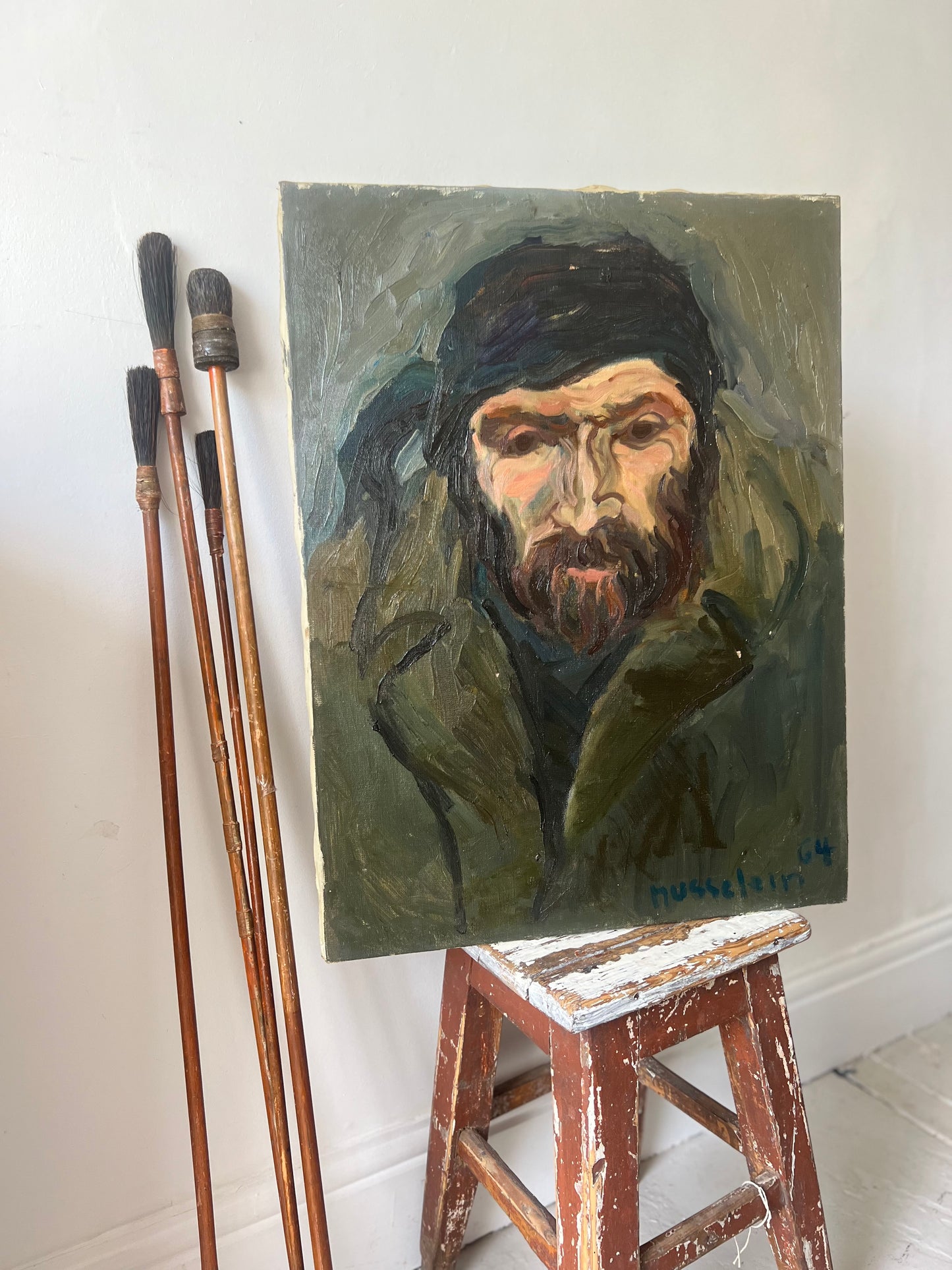 Dark Belgian Oil on Canvas Portrait Painting signed & dated