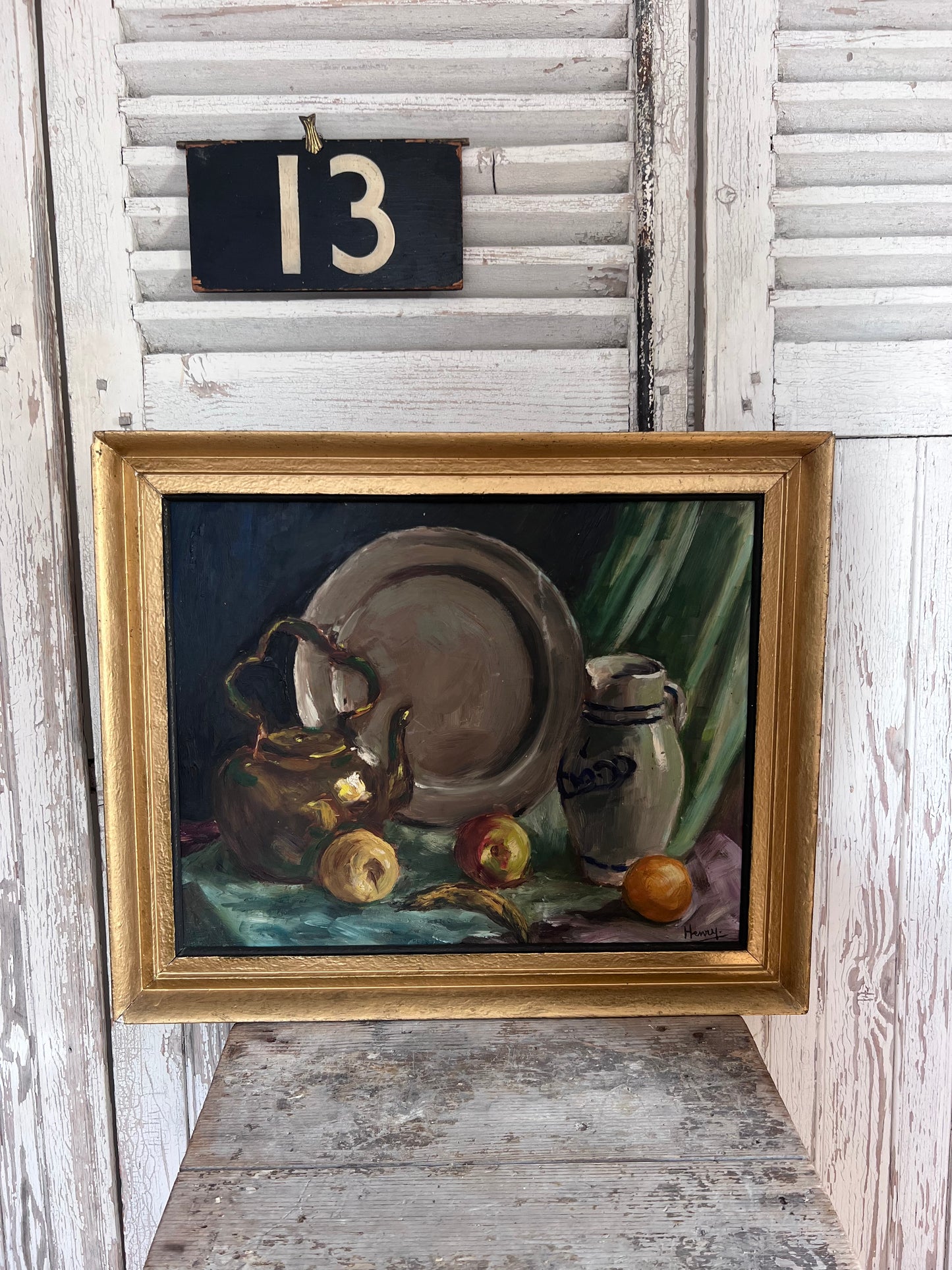 Large French Still Life Oil Painting with Copper Kettle