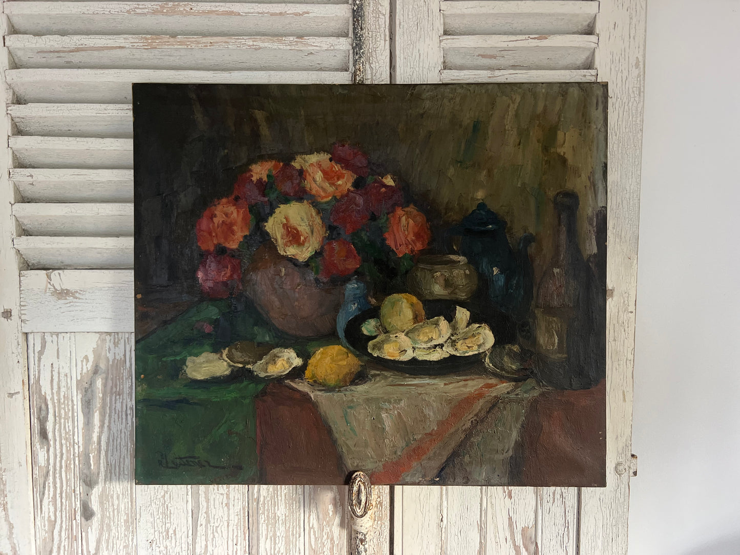 Large Post Impressionist Belgian Oil on Canvas Still Life Painting by Richard-Leon Leutenez 1881-1963 Roses & Oysters