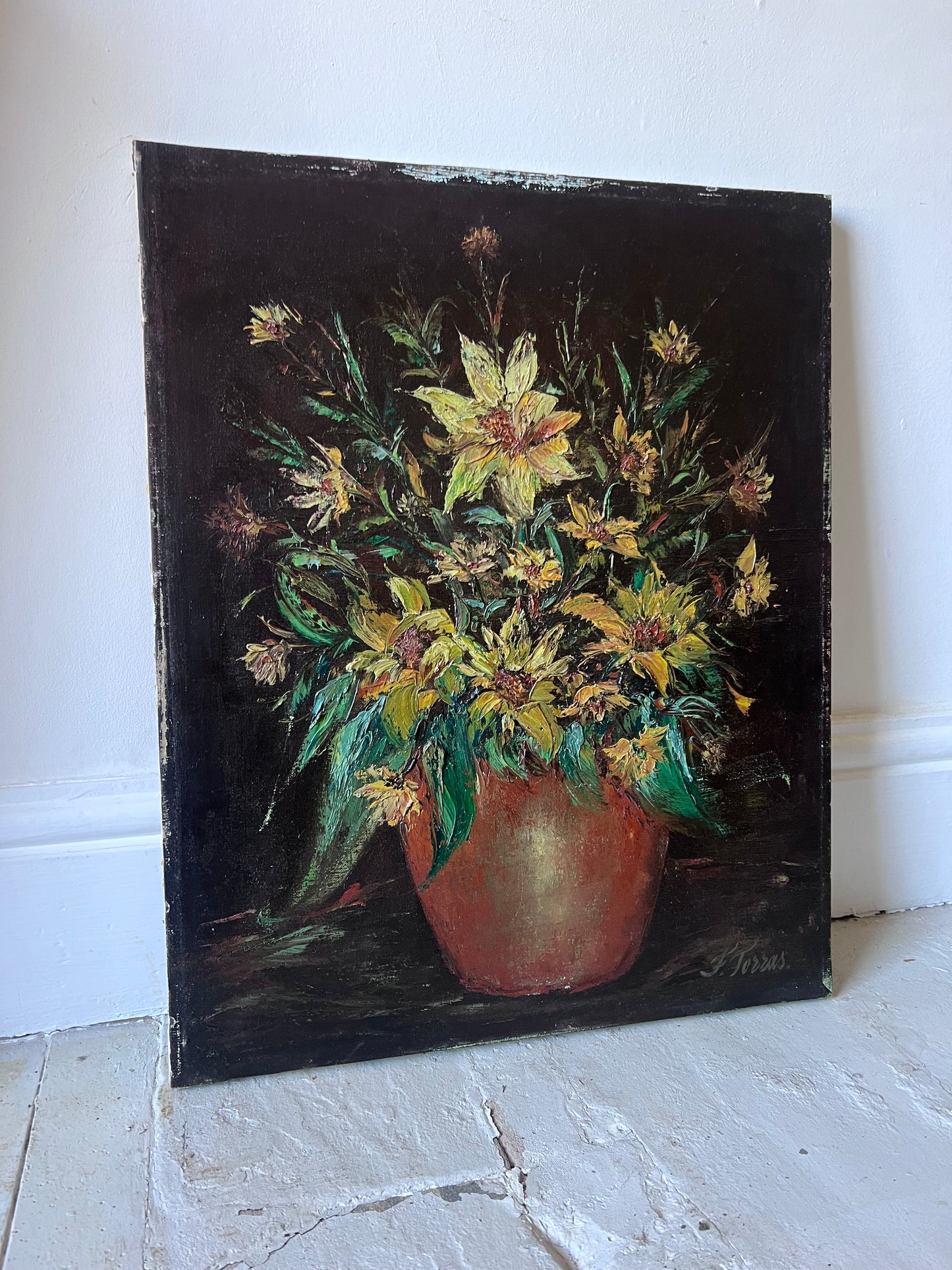 Yellow Flowers in Confit Pot Impasto Oil Painting