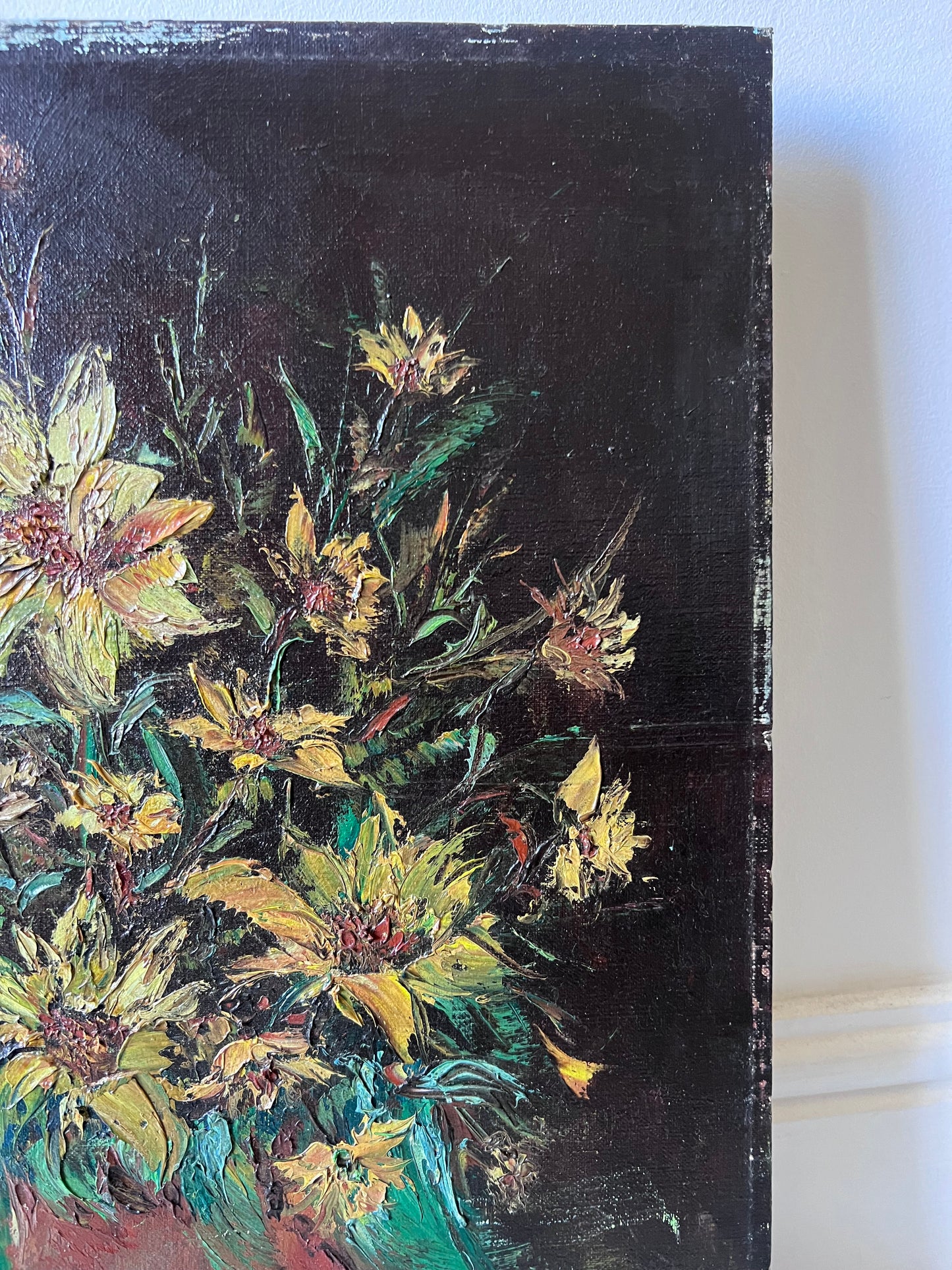 Yellow Flowers in Confit Pot Impasto Oil Painting