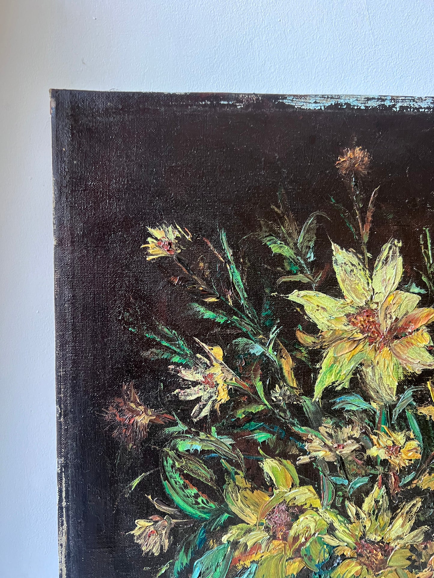 Yellow Flowers in Confit Pot Impasto Oil Painting