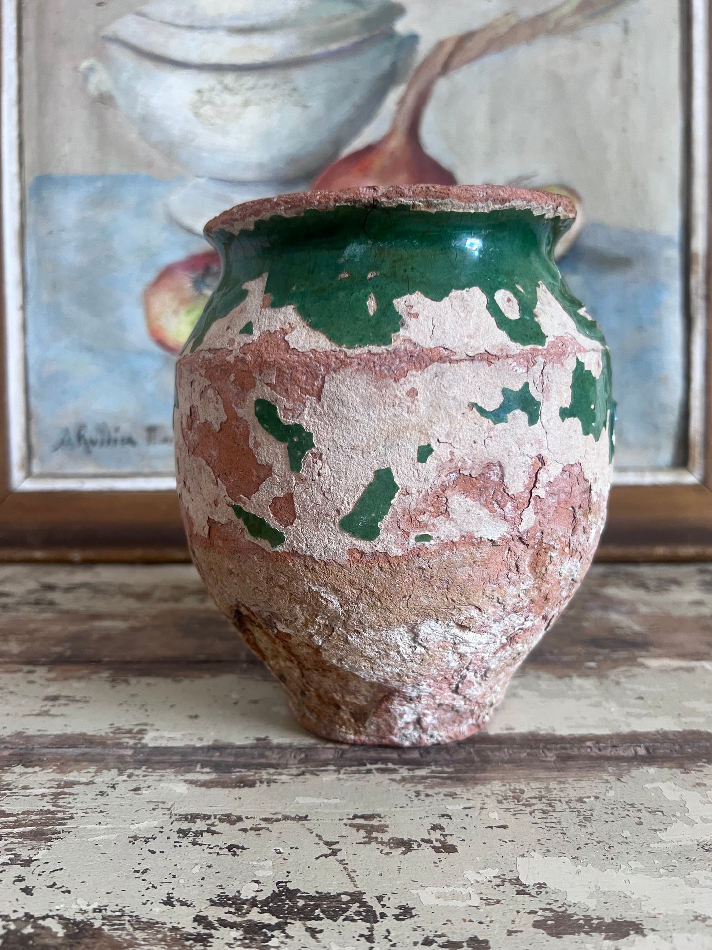 Rustic French 19th Century Green small confit pot