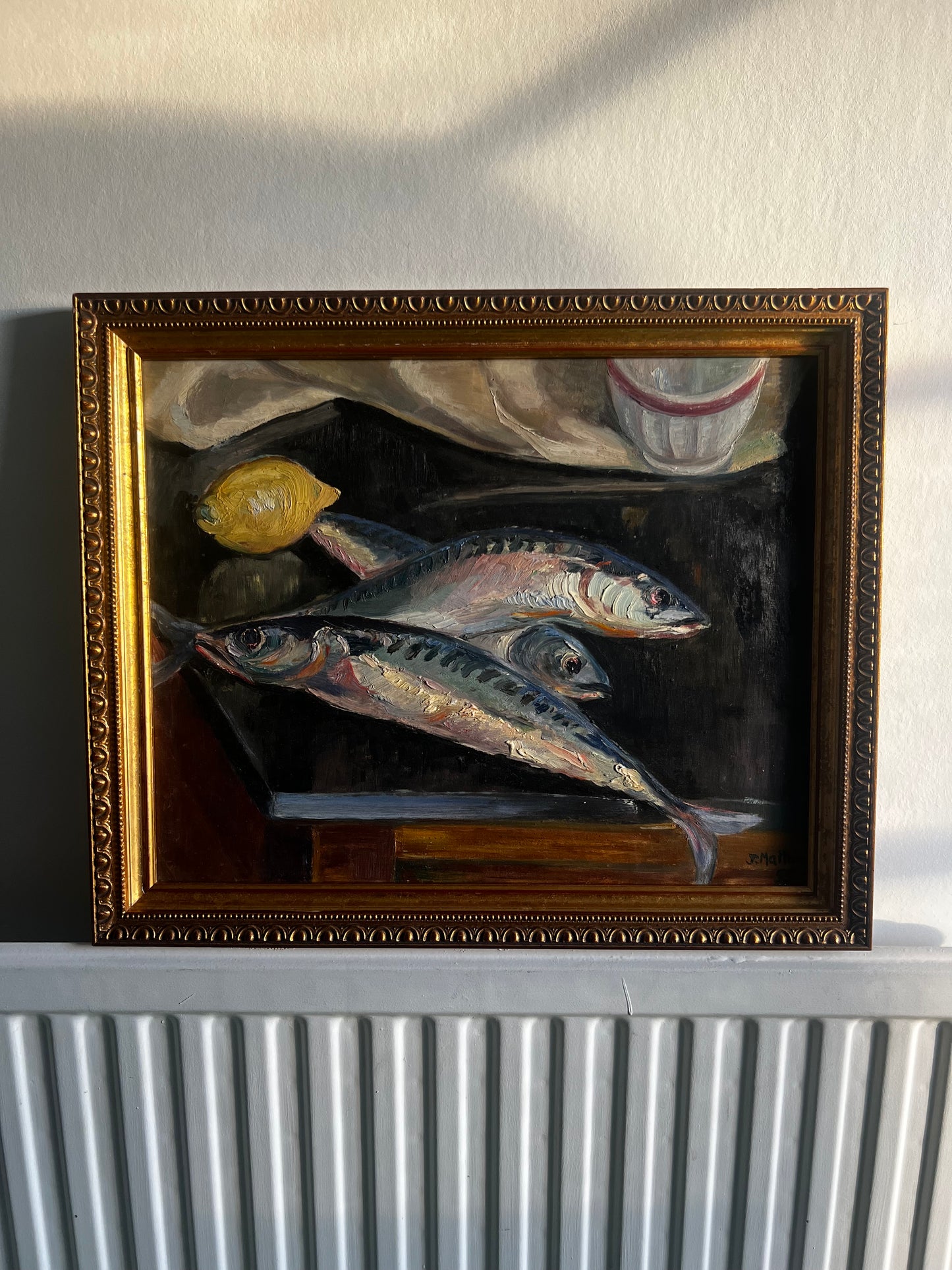 Vintage Mackerels & Lemon French Still Life Fish Oil Painting by J Mathieu 1955