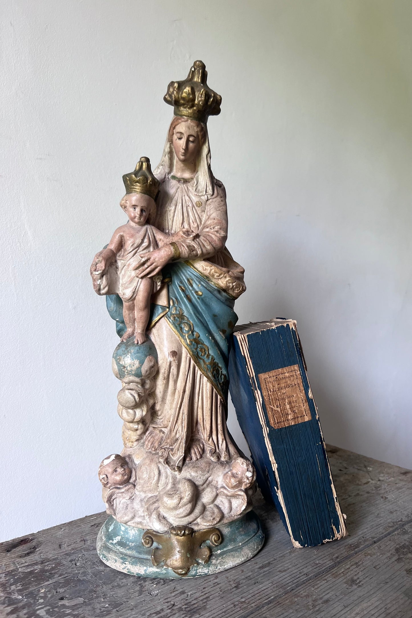 RESERVED A wonderful faded Large French Madonna figure with baby Jesus and Cherubs
