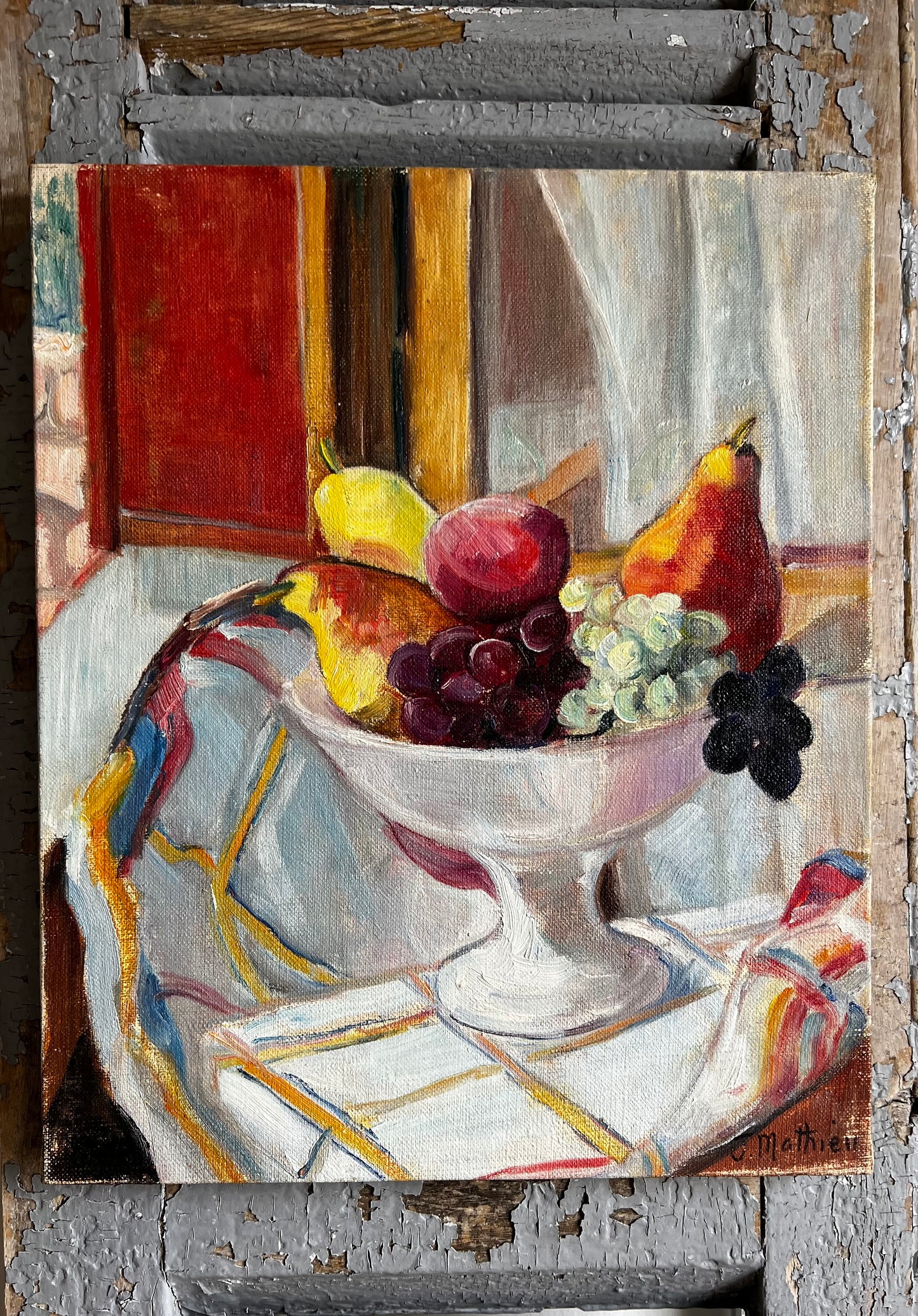 French Mid Century Still Life Oil Painting on Canvas by J Mathieu dated 1963