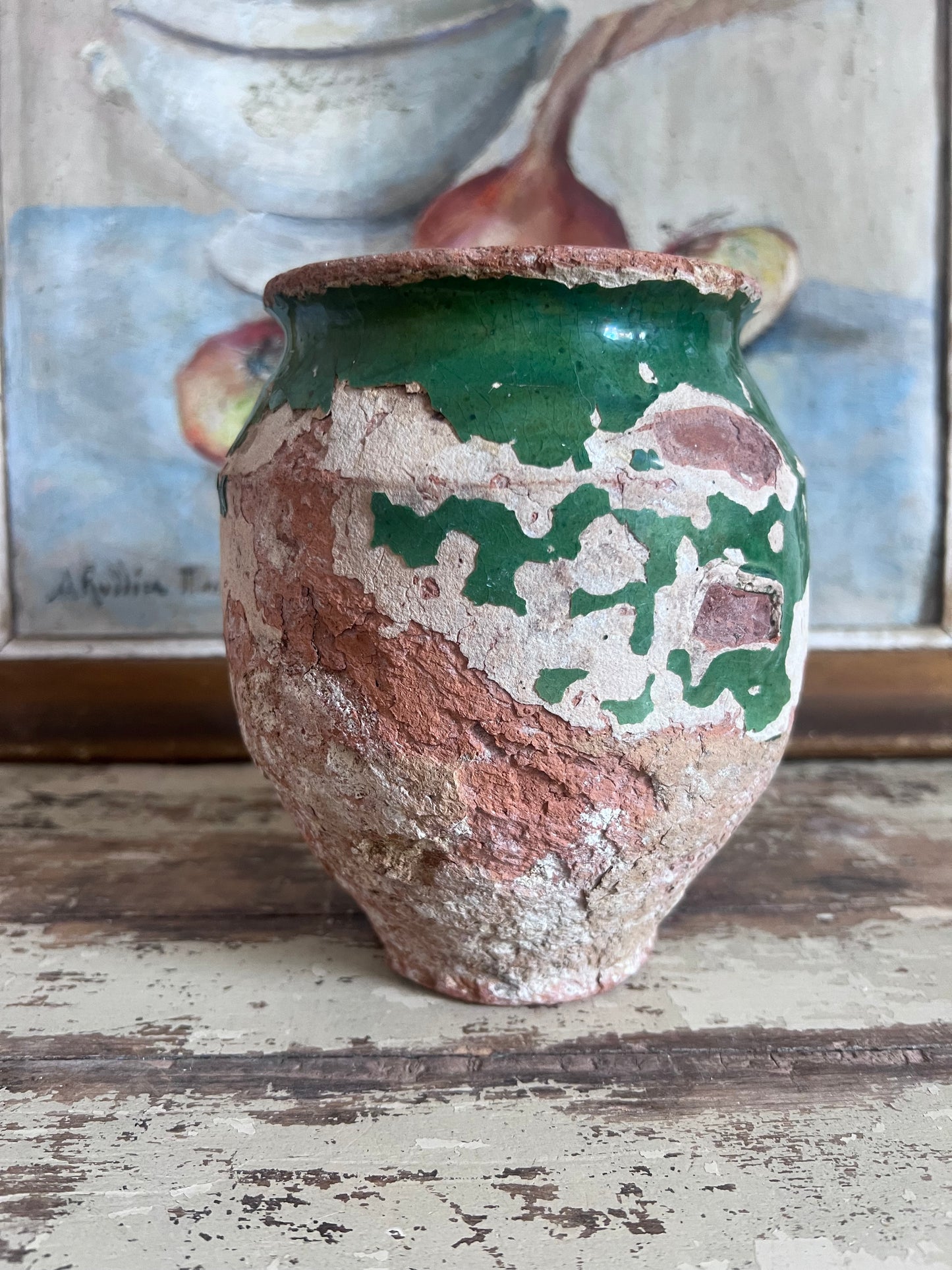 Rustic French 19th Century Green small confit pot
