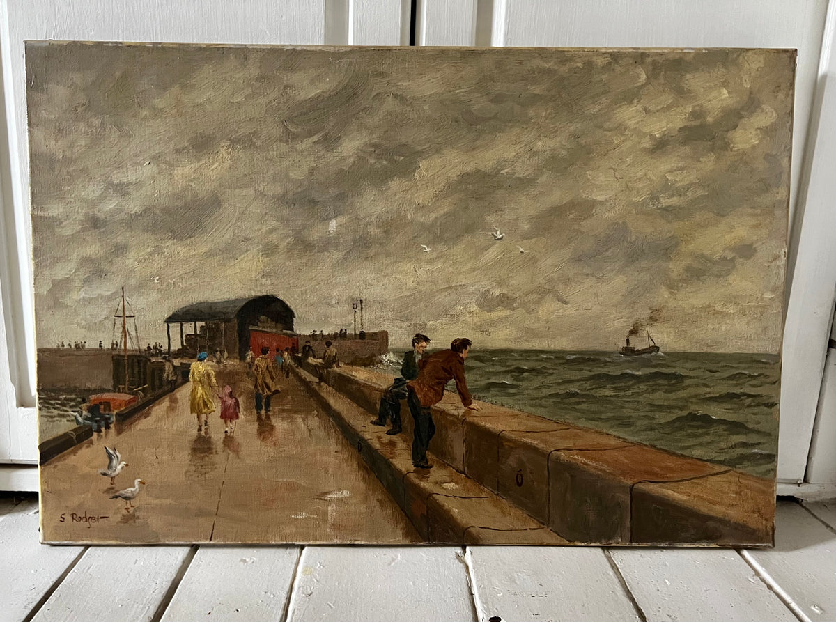 Large British Oil on Canvas Painting ‘Windy Seaside’