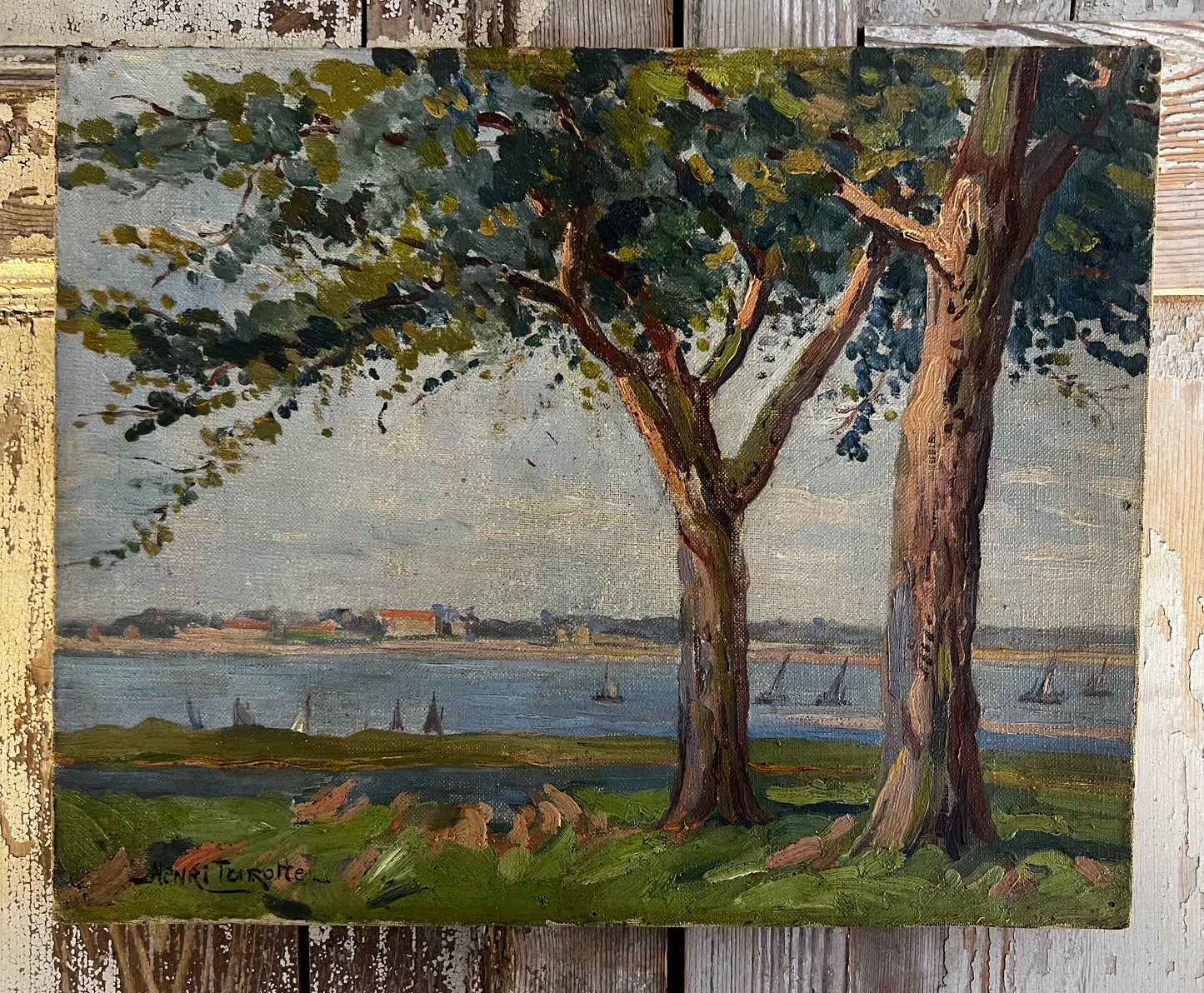 Pretty French Coastal Scene Oil on Canvas Painting