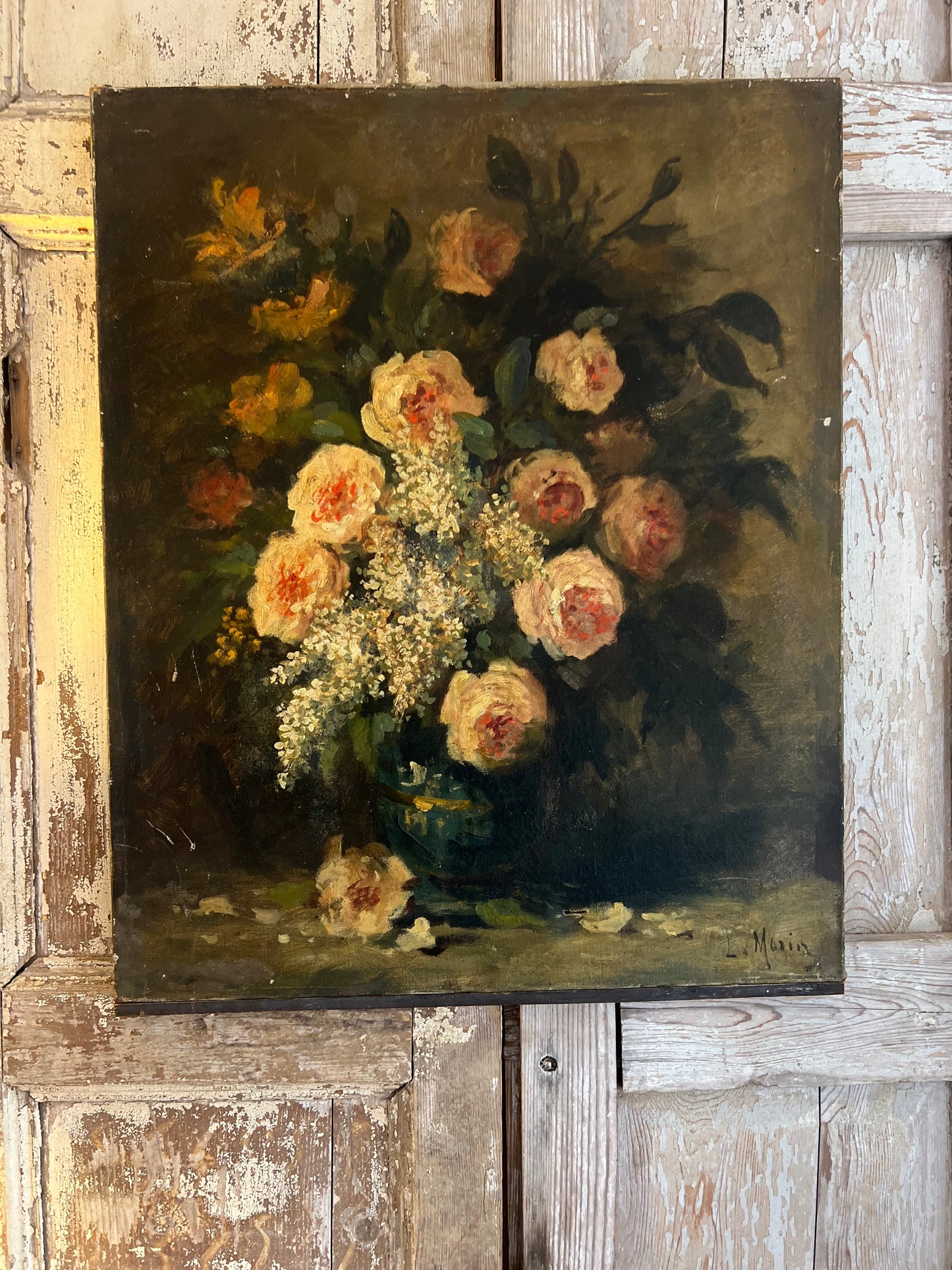 Gorgeous French Oil on Canvas Floral Painting of Roses