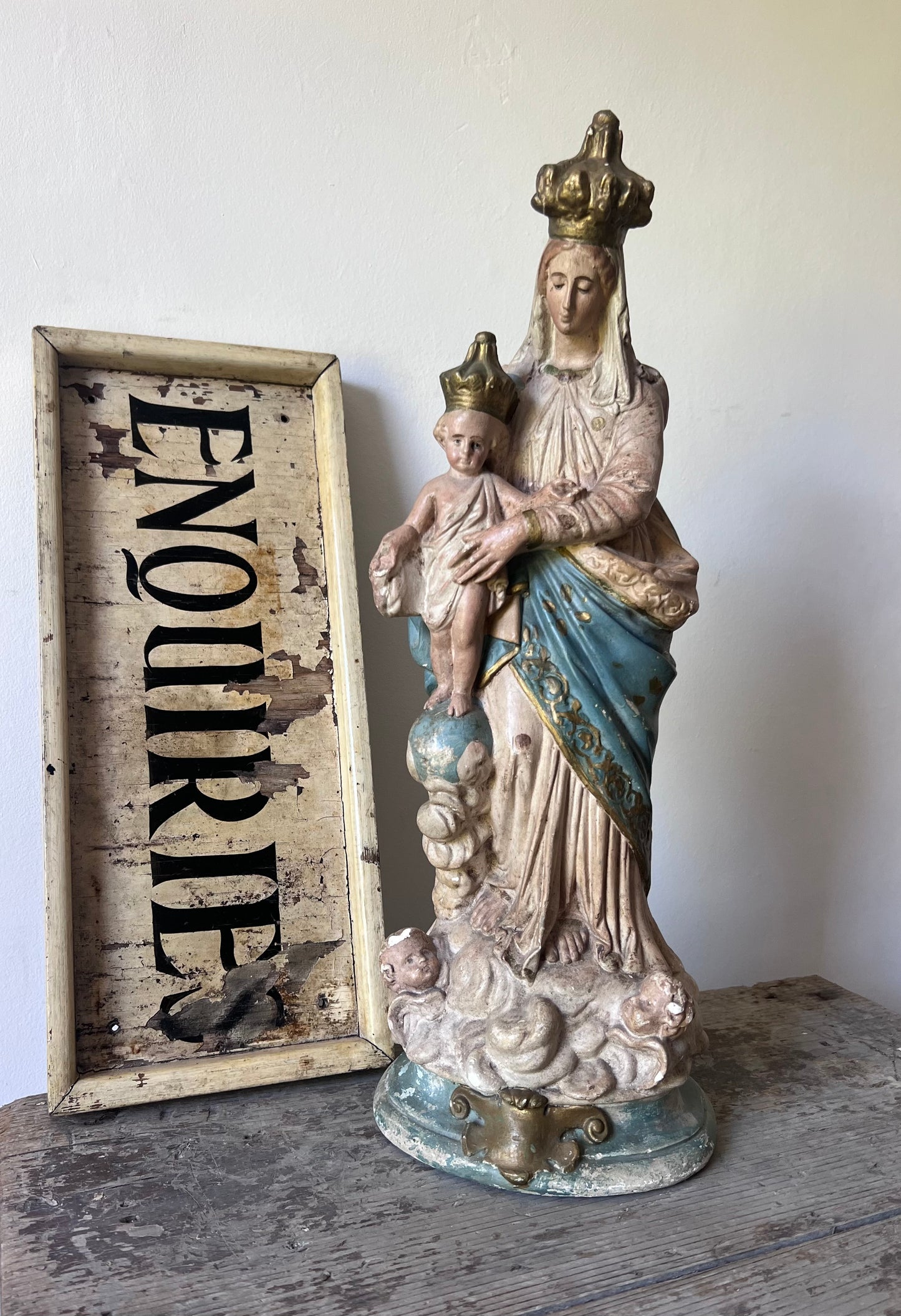 RESERVED A wonderful faded Large French Madonna figure with baby Jesus and Cherubs