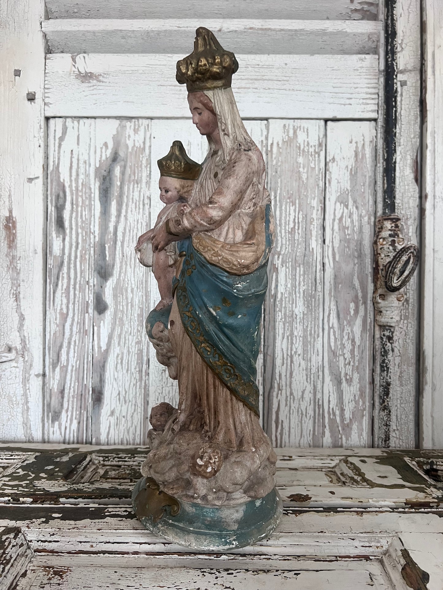 A wonderful faded Large French Madonna figure with baby Jesus and Cherubs
