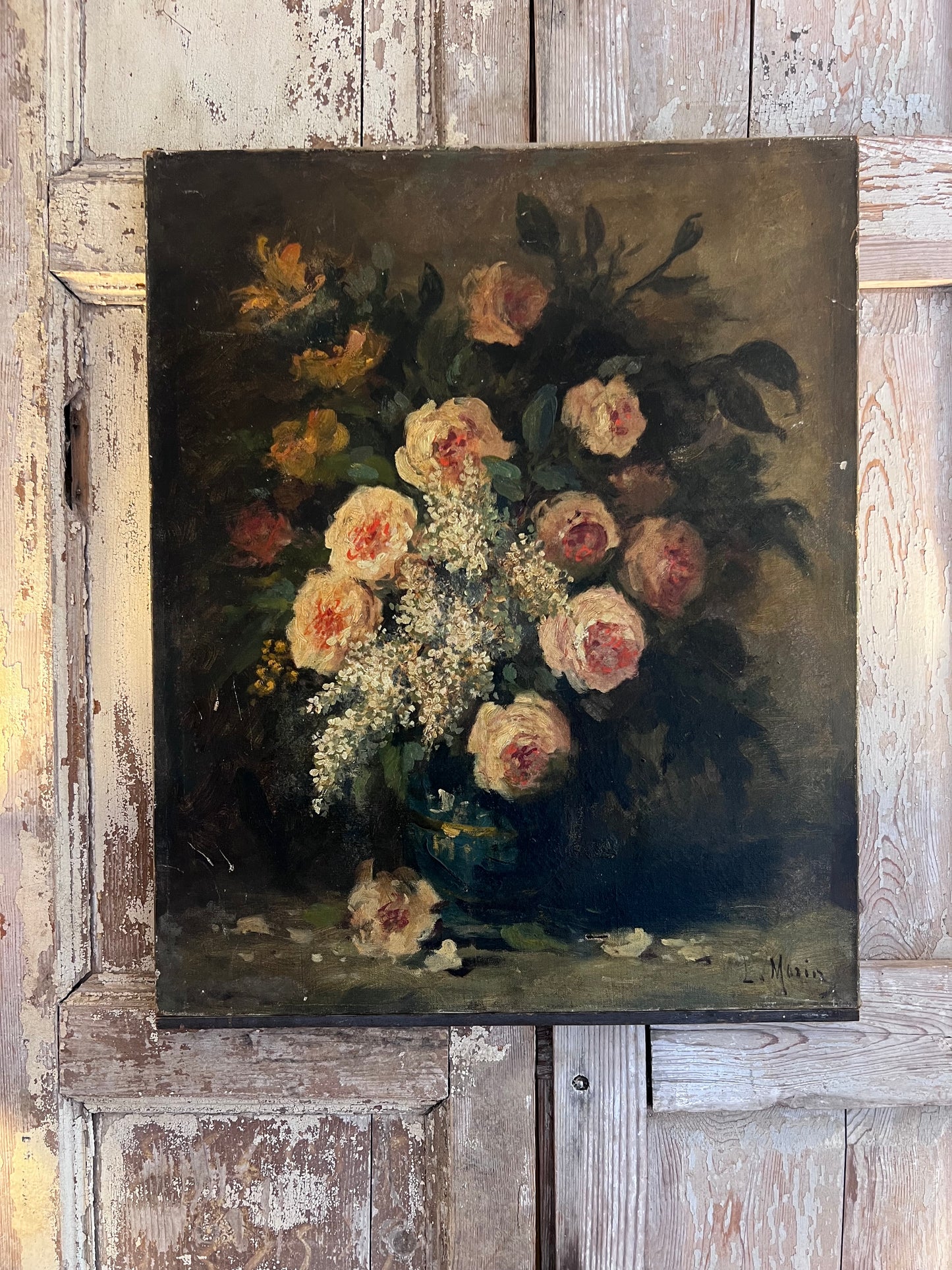 Gorgeous French Oil on Canvas Floral Painting of Roses