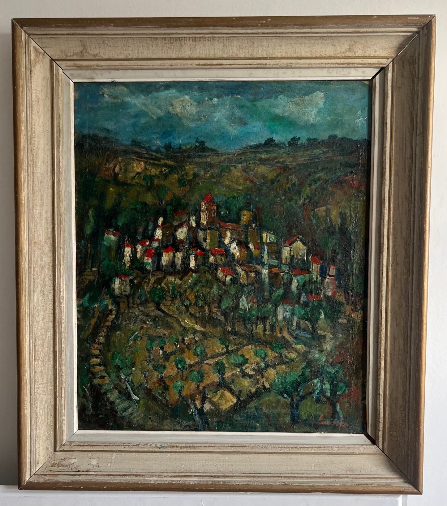 Large Provence Oil Painting of a Hilltop Village & Vineyard 1920