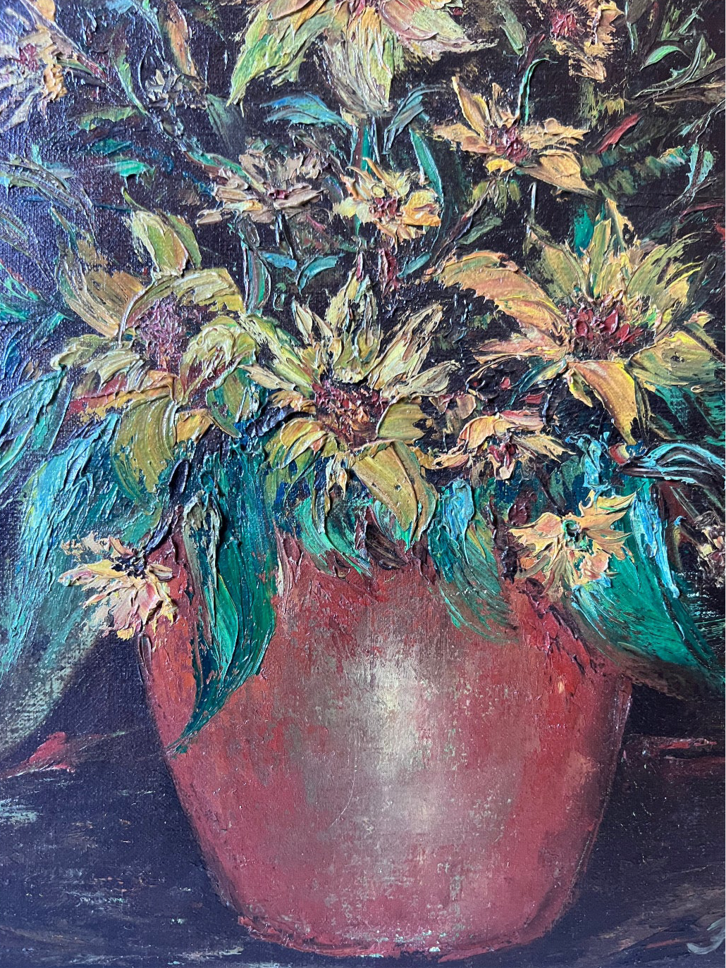Yellow Flowers in Confit Pot Impasto Oil Painting