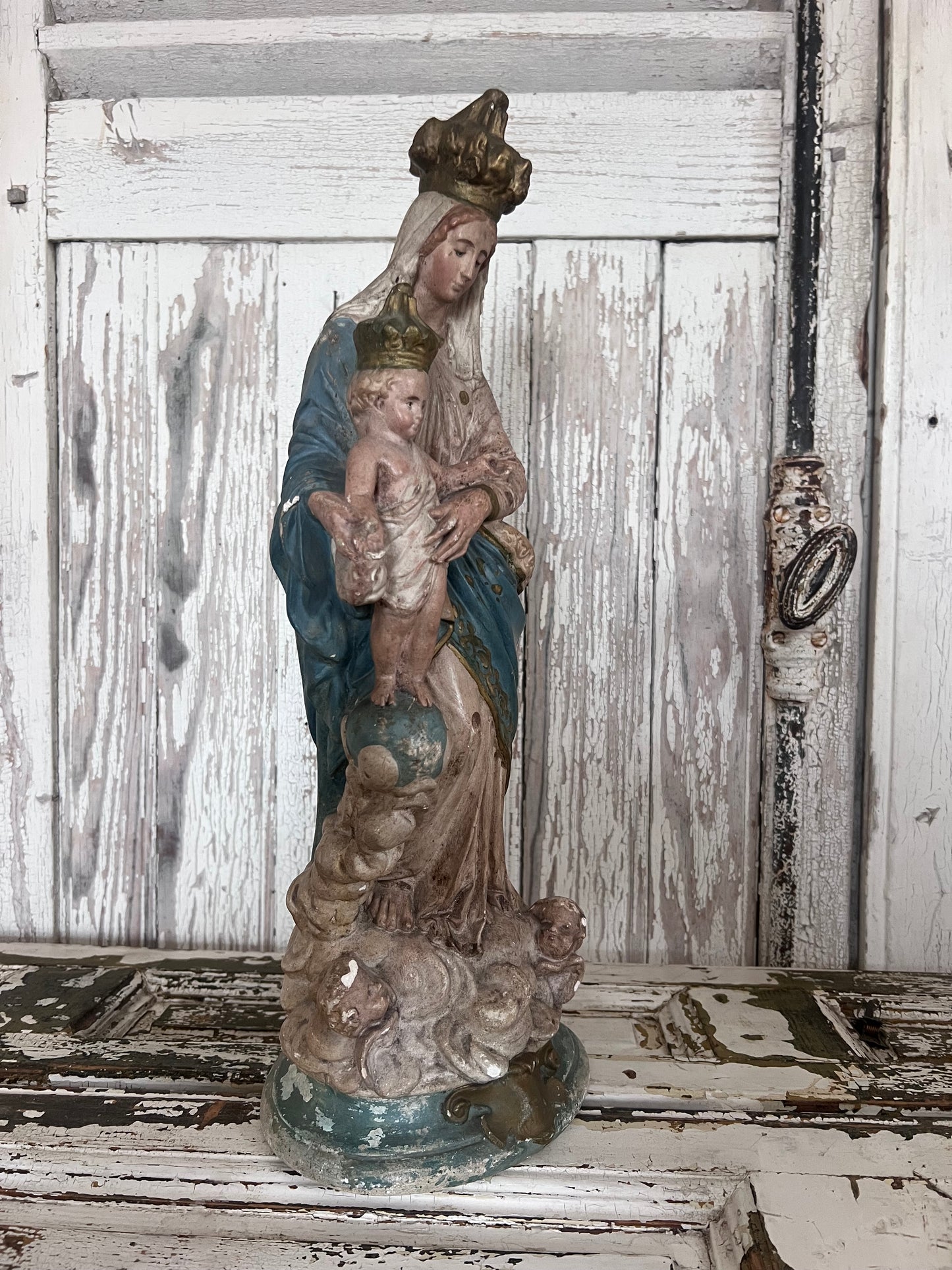 A wonderful faded Large French Madonna figure with baby Jesus and Cherubs