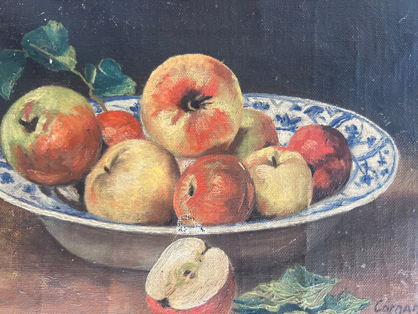 Small French Oil on Canvas Painting ‘Apples in Bowl’