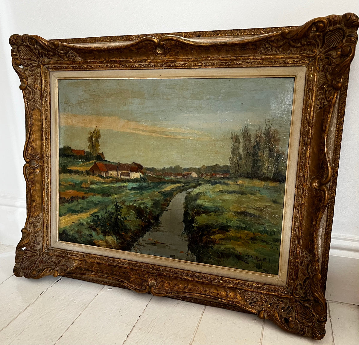 Large Belgian Landscape Oil Painting in beautiful frame