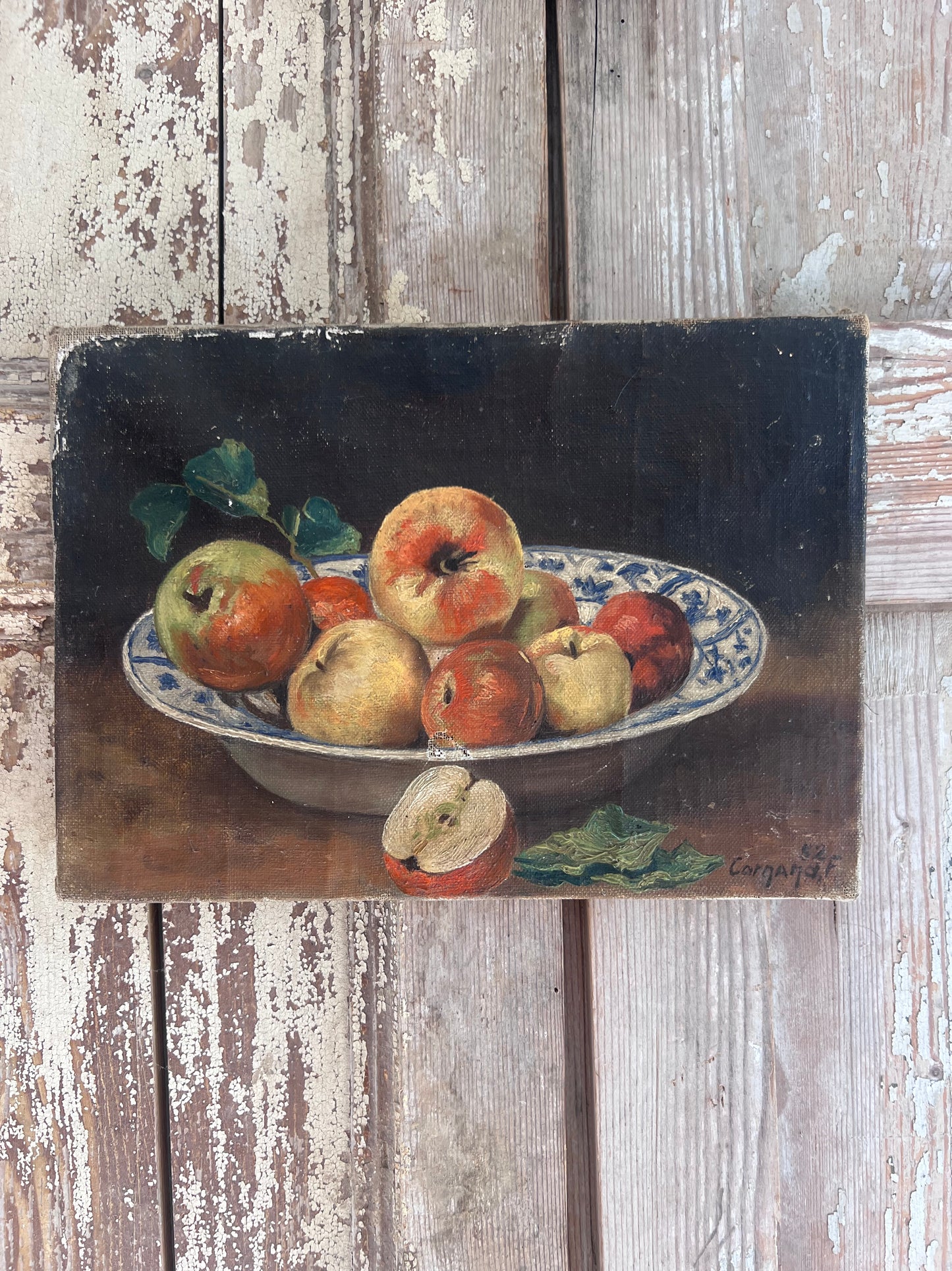 Small French Oil on Canvas Painting ‘Apples in Bowl’
