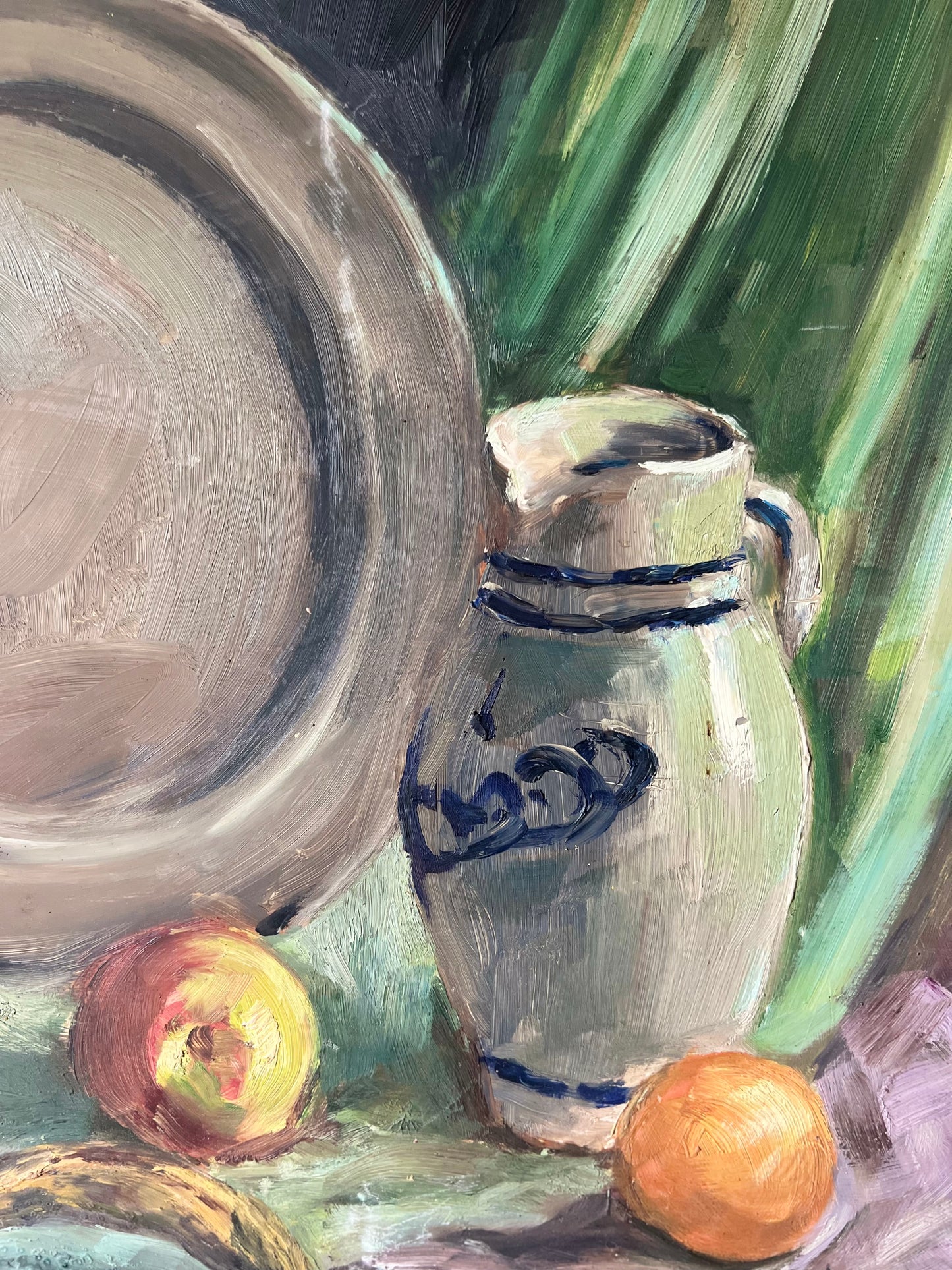 Large French Still Life Oil Painting with Copper Kettle