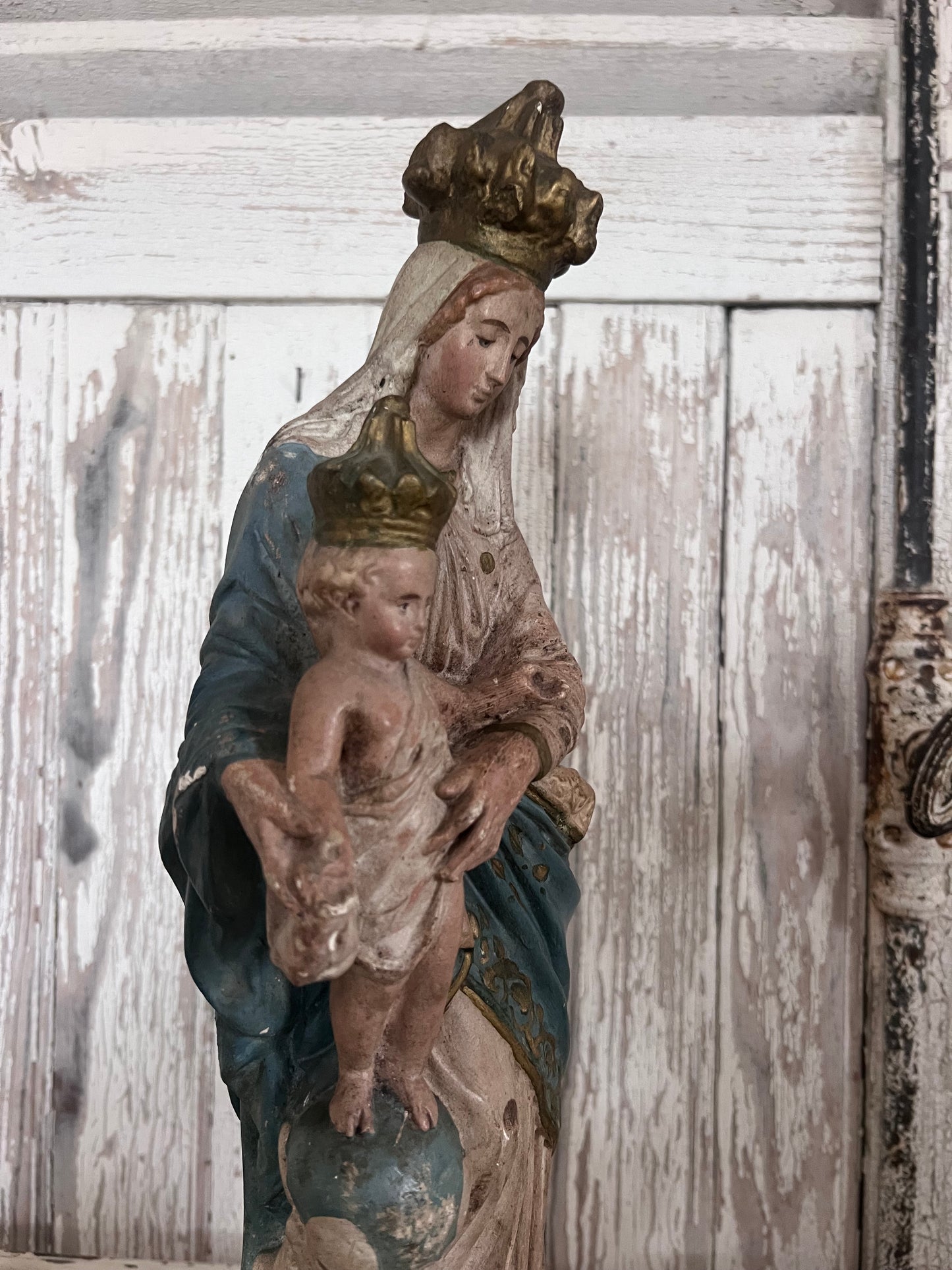 A wonderful faded Large French Madonna figure with baby Jesus and Cherubs