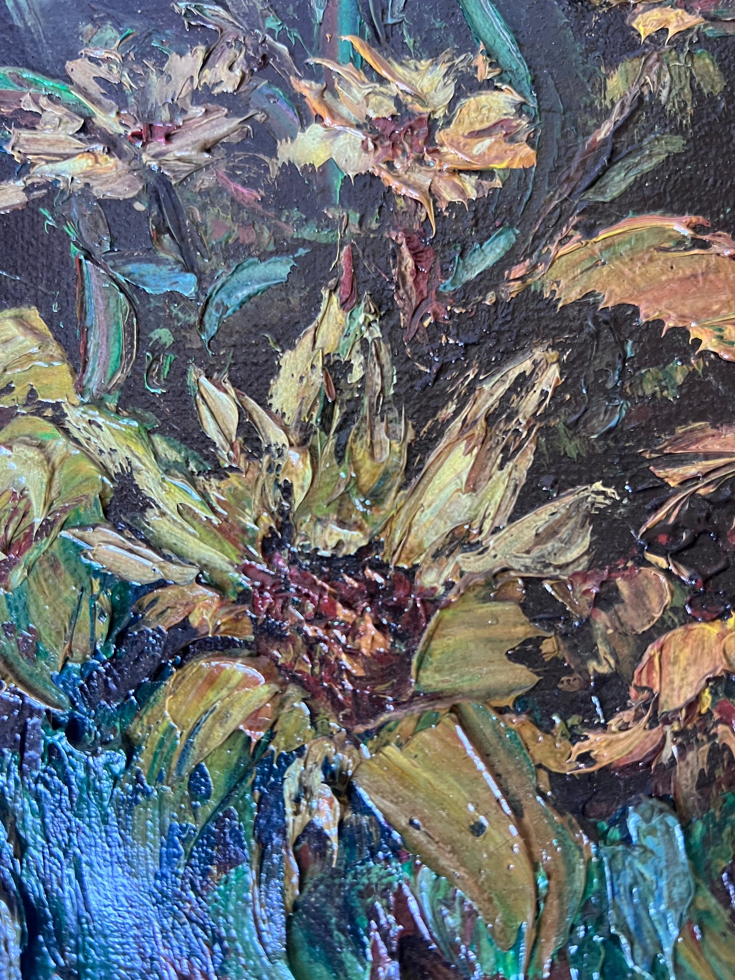 Yellow Flowers in Confit Pot Impasto Oil Painting