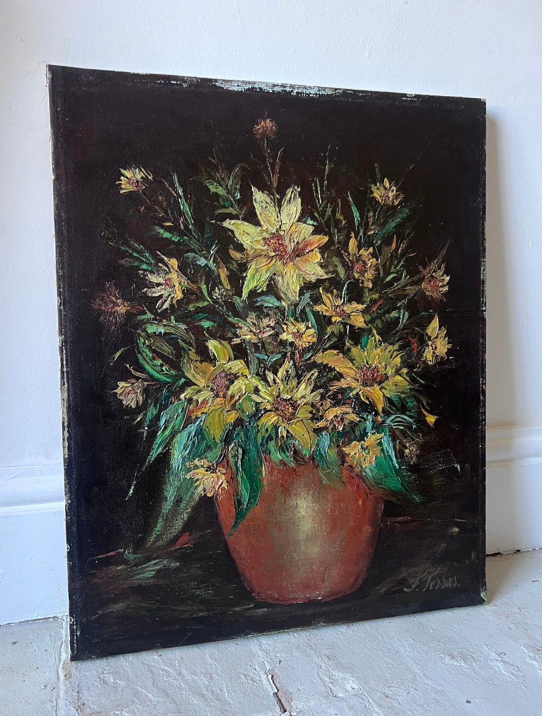 Yellow Flowers in Confit Pot Impasto Oil Painting