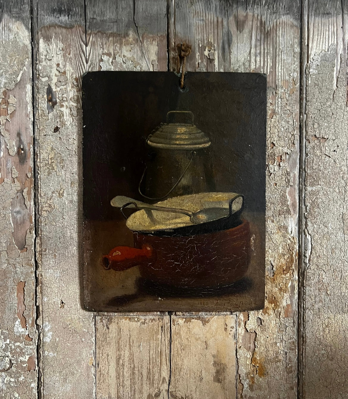 French 19th Century Oil Painting Kitchen Still Life by E Pagnoux dated 1885