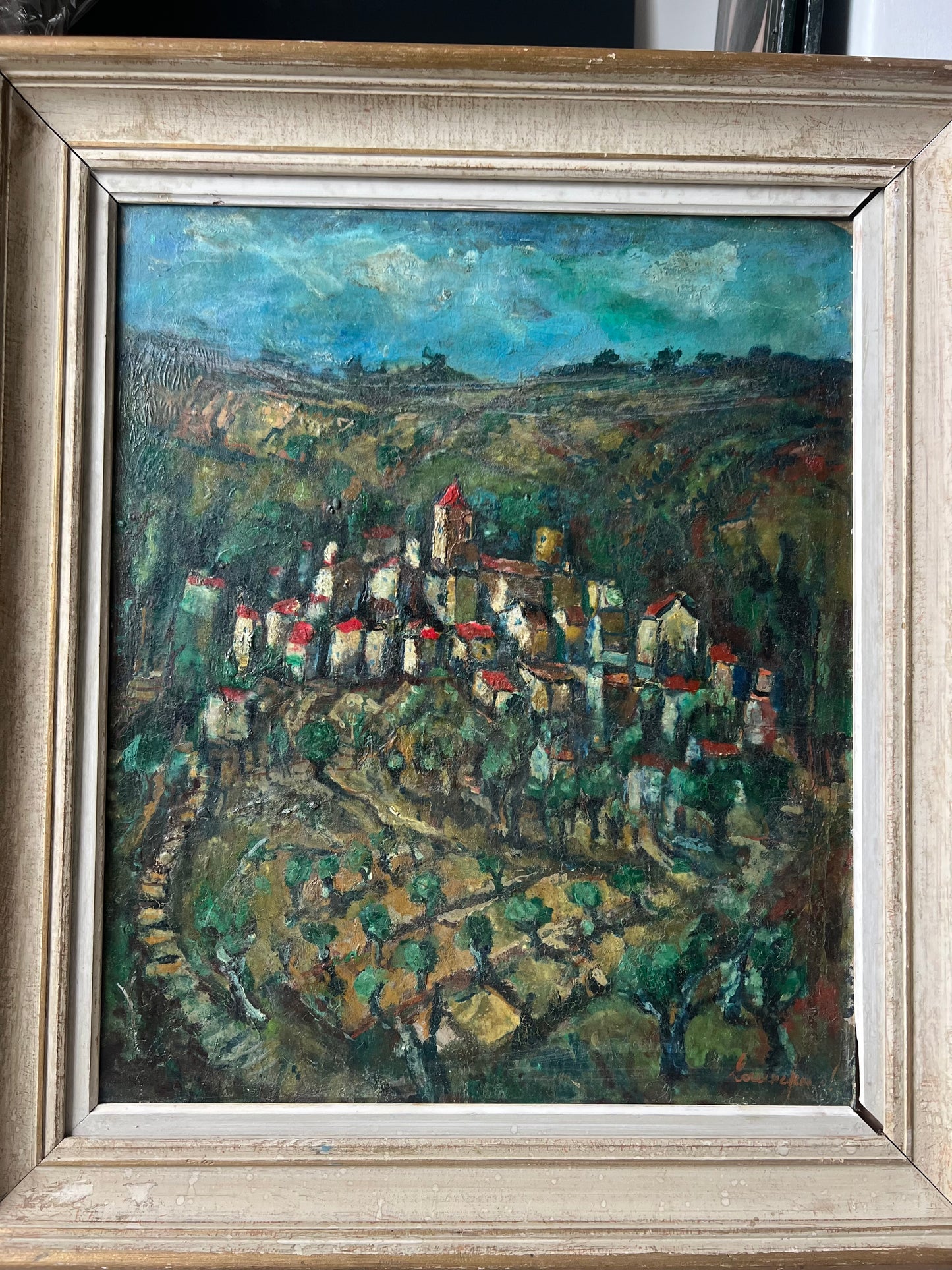 Large 1920’s Provence Framed Oil Painting of a village and vineyard