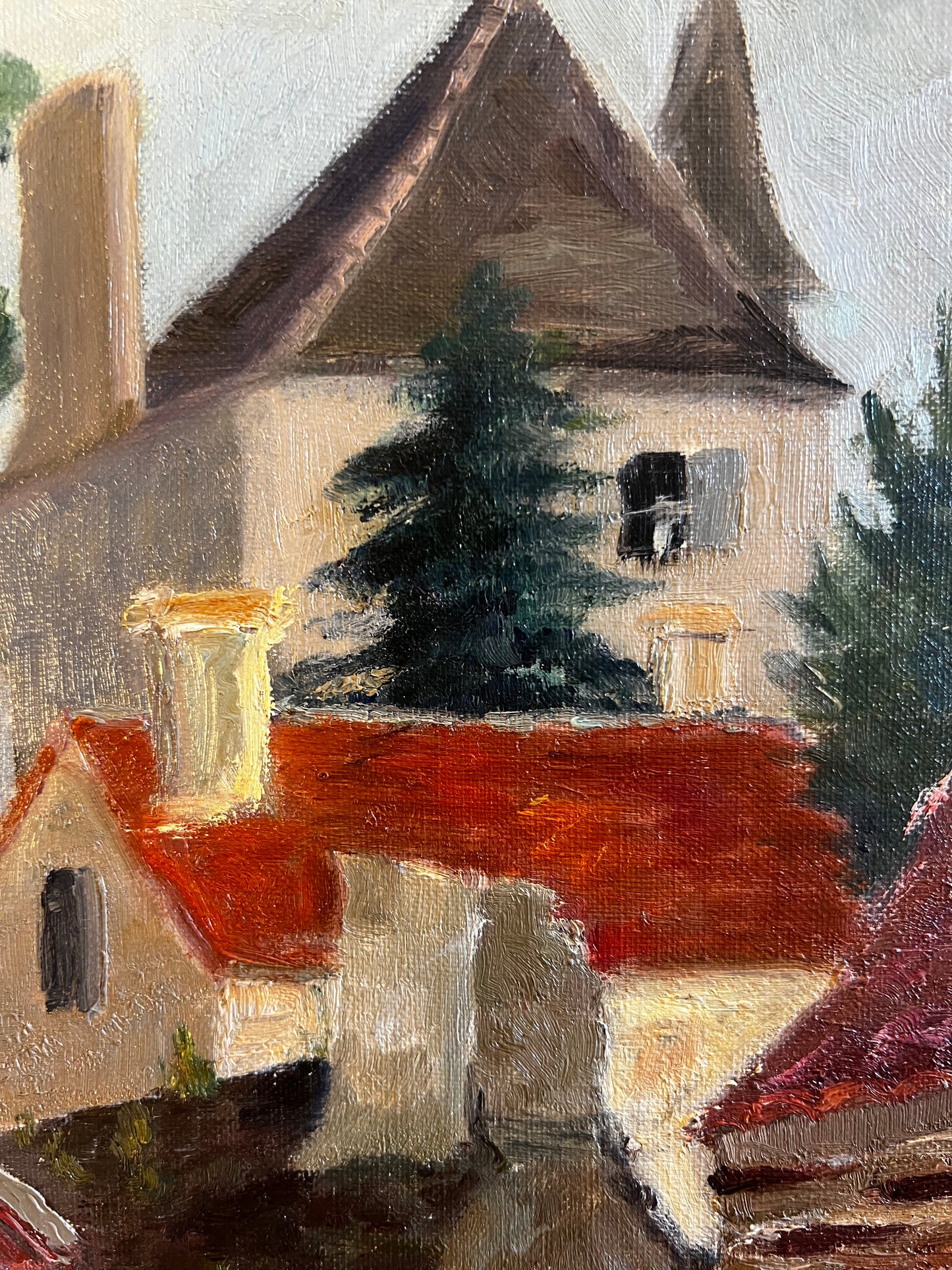 Vintage French Oil on Board Painting ‘ Roof Tops ‘