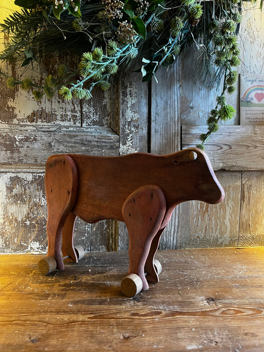 Vintage French Wooden Cow on wheels