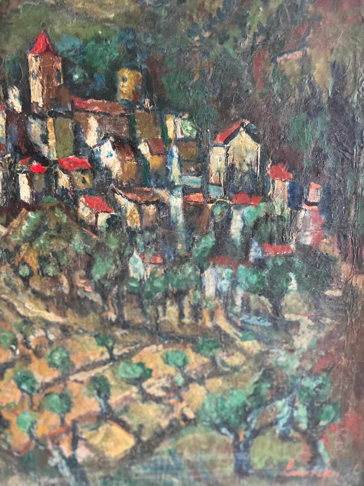 Large Provence Oil Painting of a Hilltop Village & Vineyard