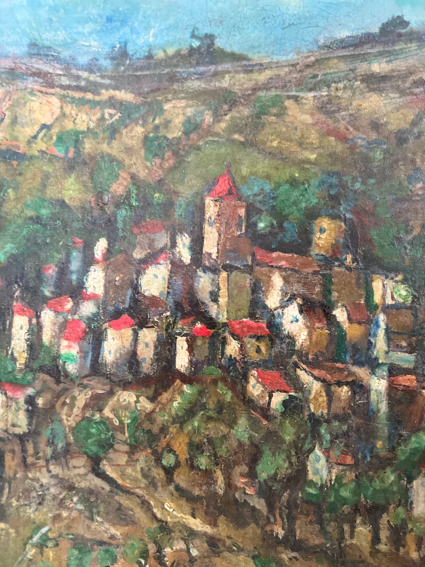 Large 1920’s Provence Framed Oil Painting of a village and vineyard