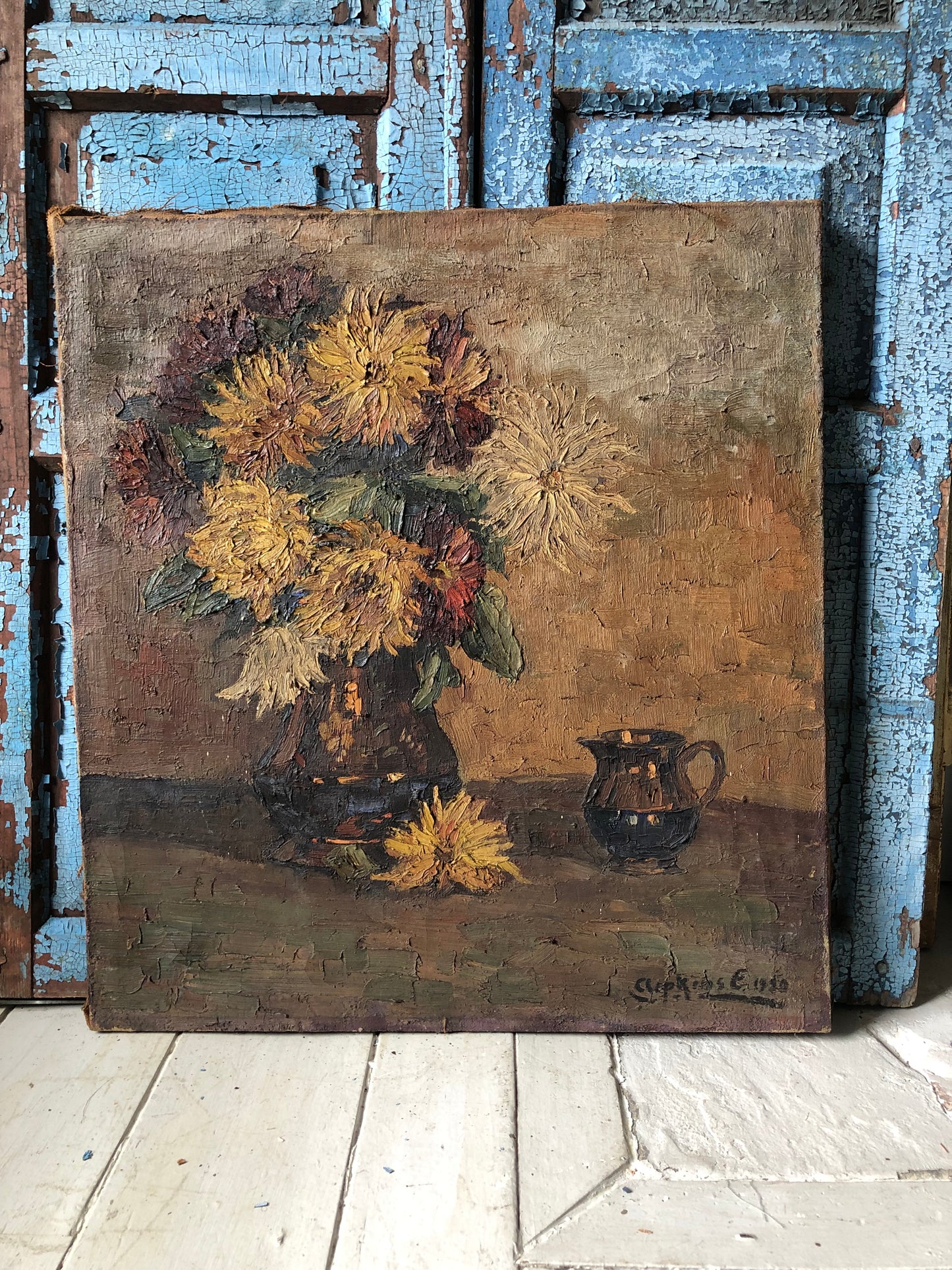 Large Belgian Floral Oil on Canvas Oil Painting dated 1930