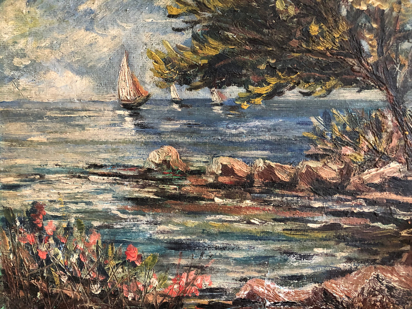 French 1930’s Oil on board seascape painting of Yachts on the Provence coast