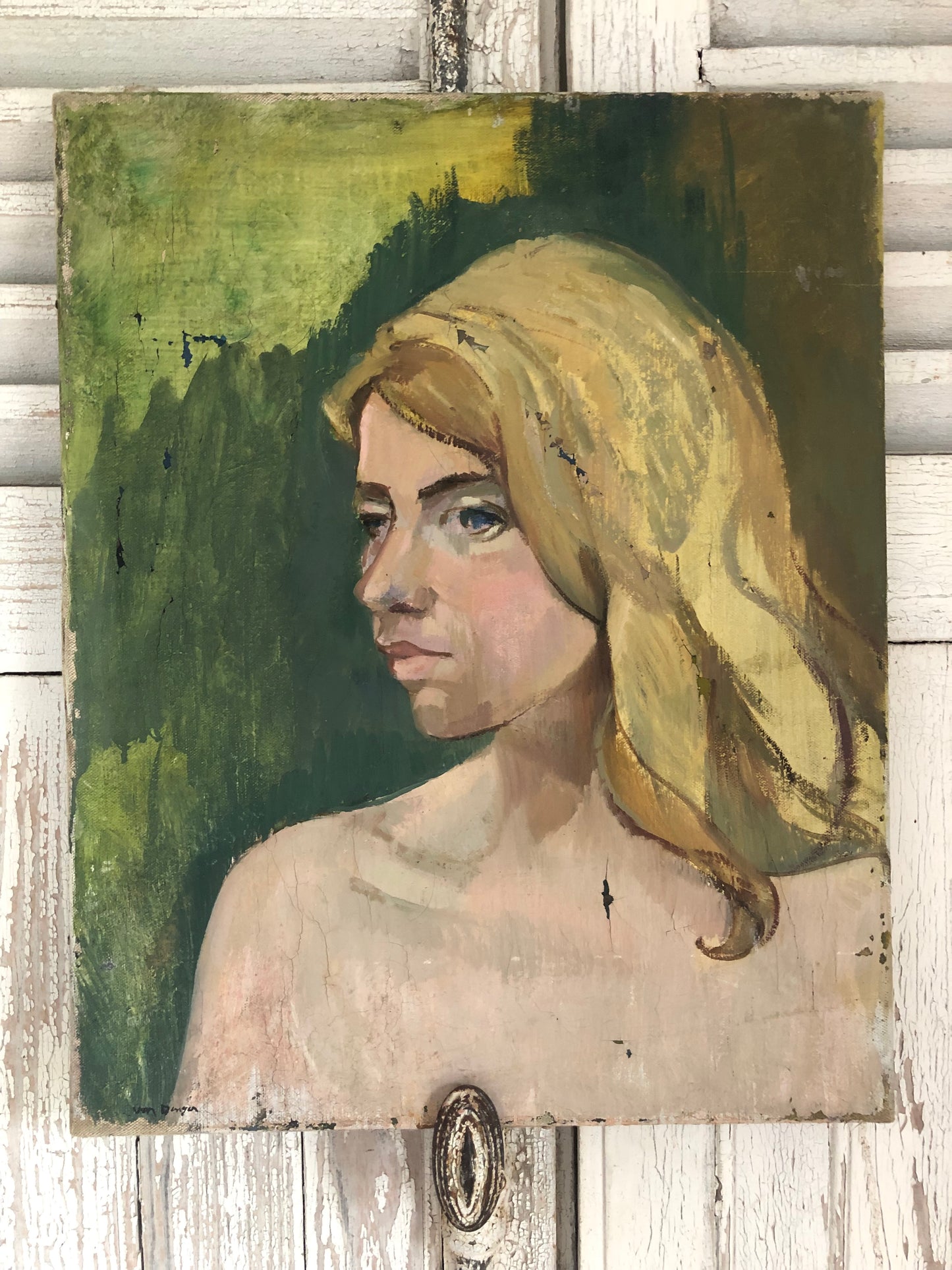 French Mid century oil on canvas portrait painting of a young woman