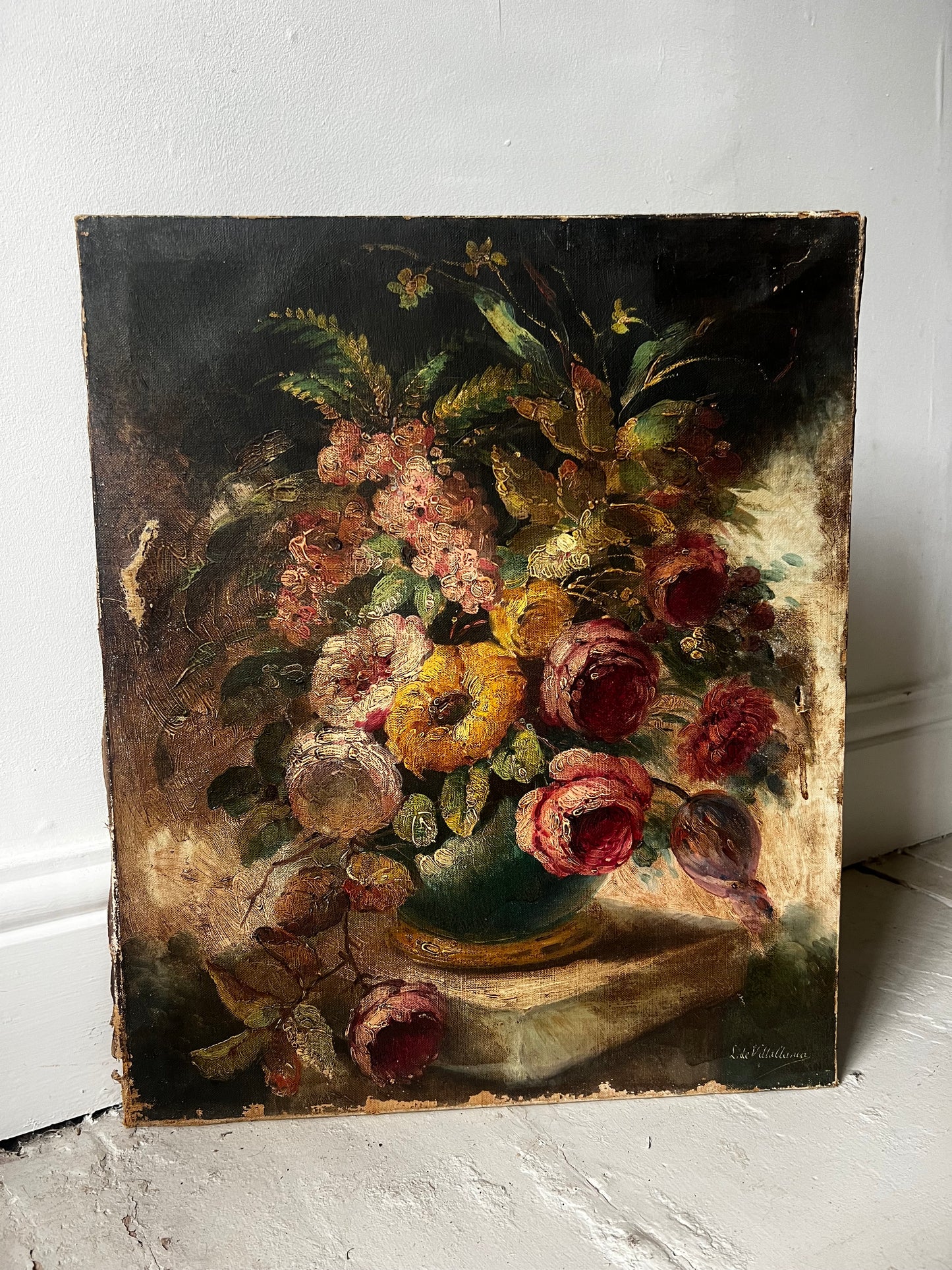 RESERVED Early 18th Century French floral oil painting on canvas