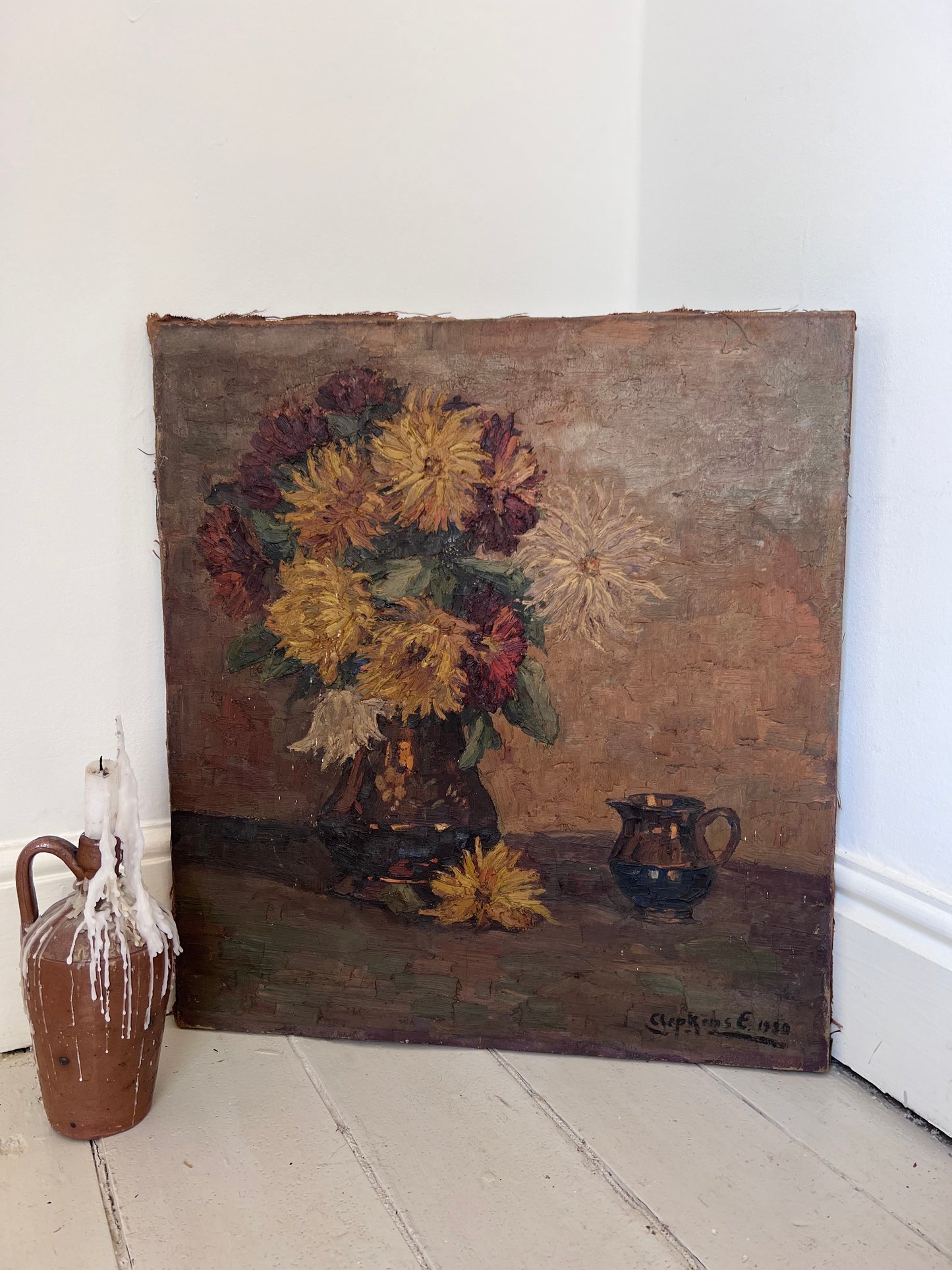 Large Belgian Floral oil painting on canvas signed and dated 1930