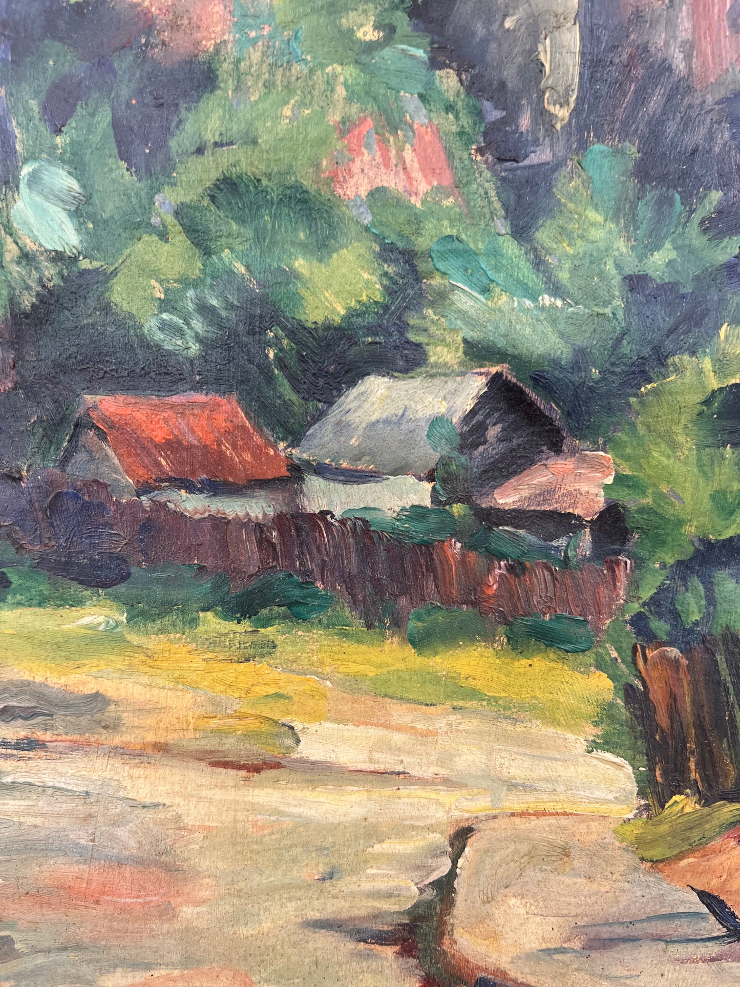 French Oil on Canvas Painting by Edouard Alluaud 1930’s ‘Viaduct Cottages’