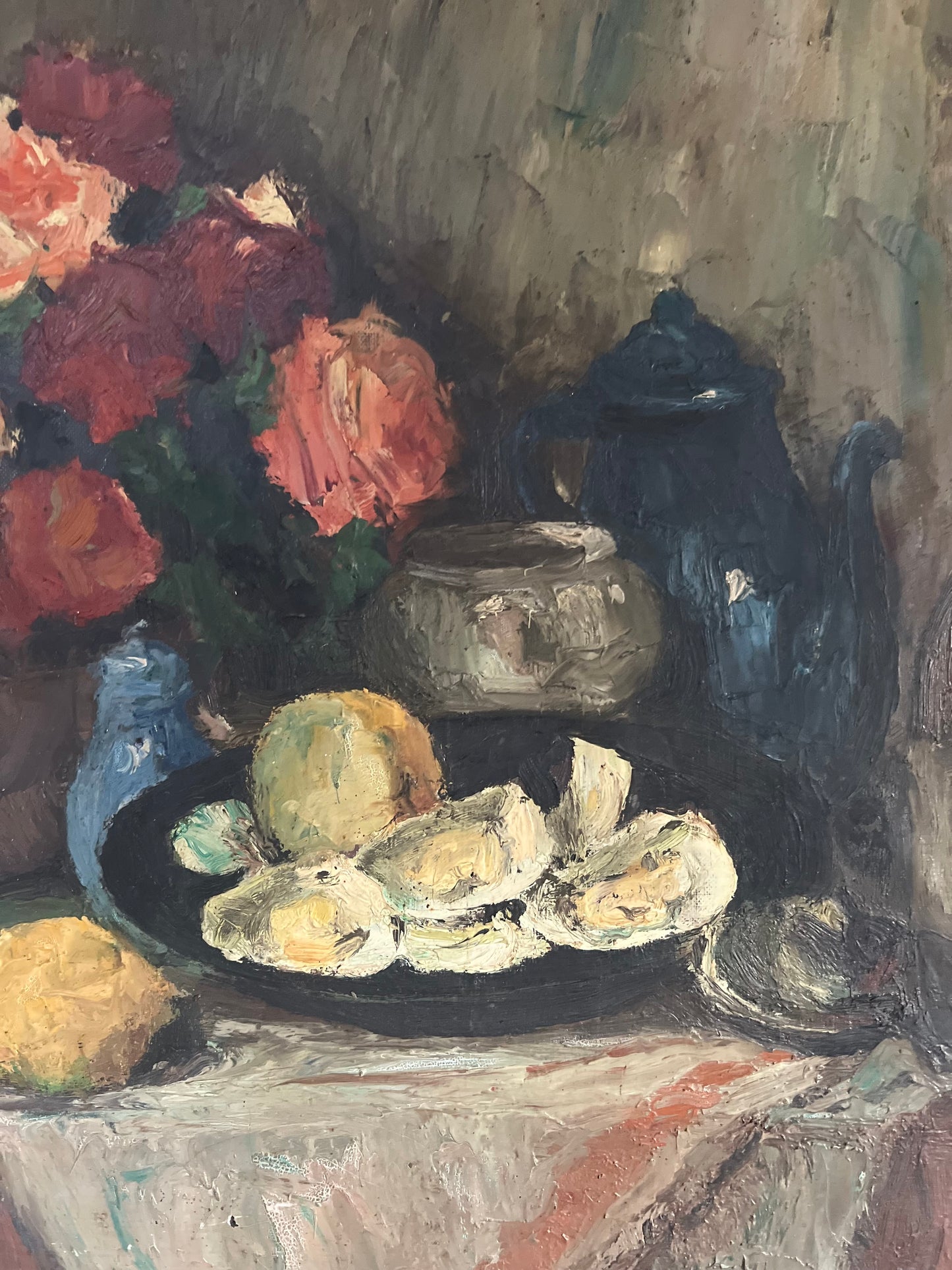 Large Post Impressionist Belgian Oil on Canvas Still Life Painting by Richard-Leon Leutenez 1881-1963 Roses & Oysters