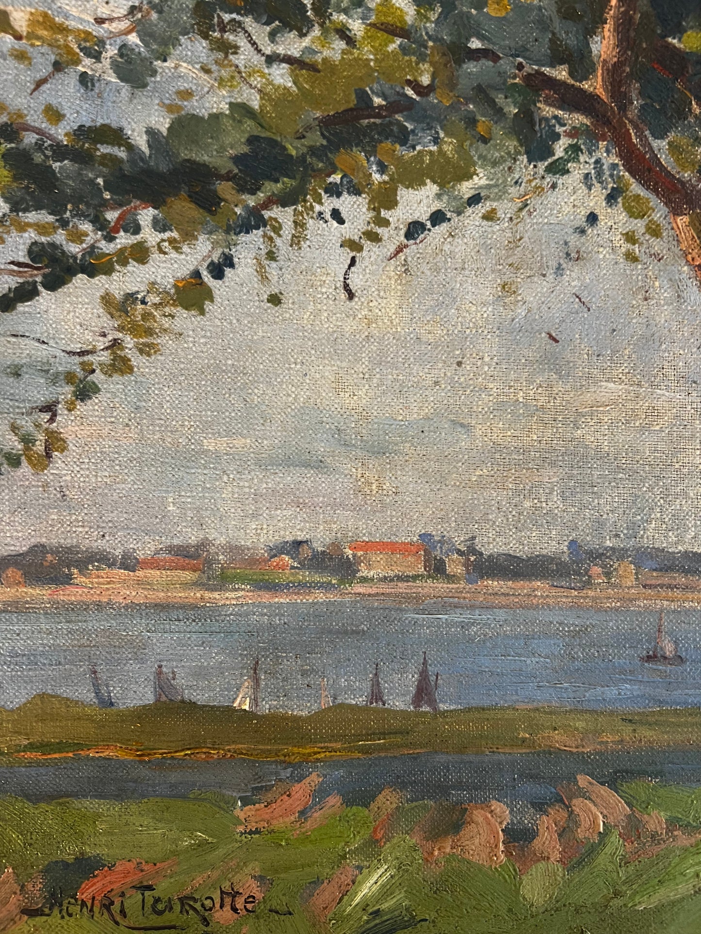 Pretty French Coastal Scene Oil on Canvas Painting