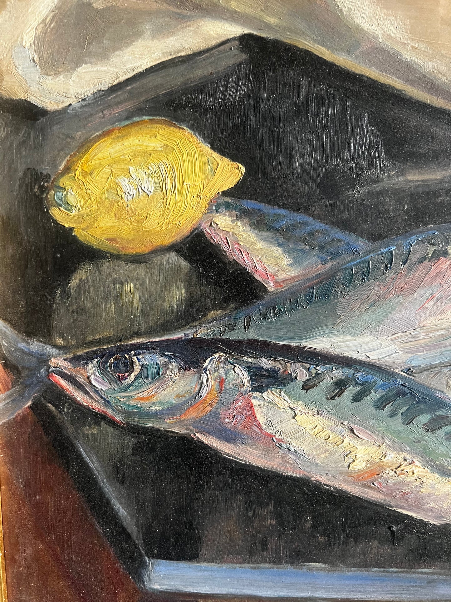 Vintage Mackerels & Lemon French Still Life Fish Oil Painting by J Mathieu 1955
